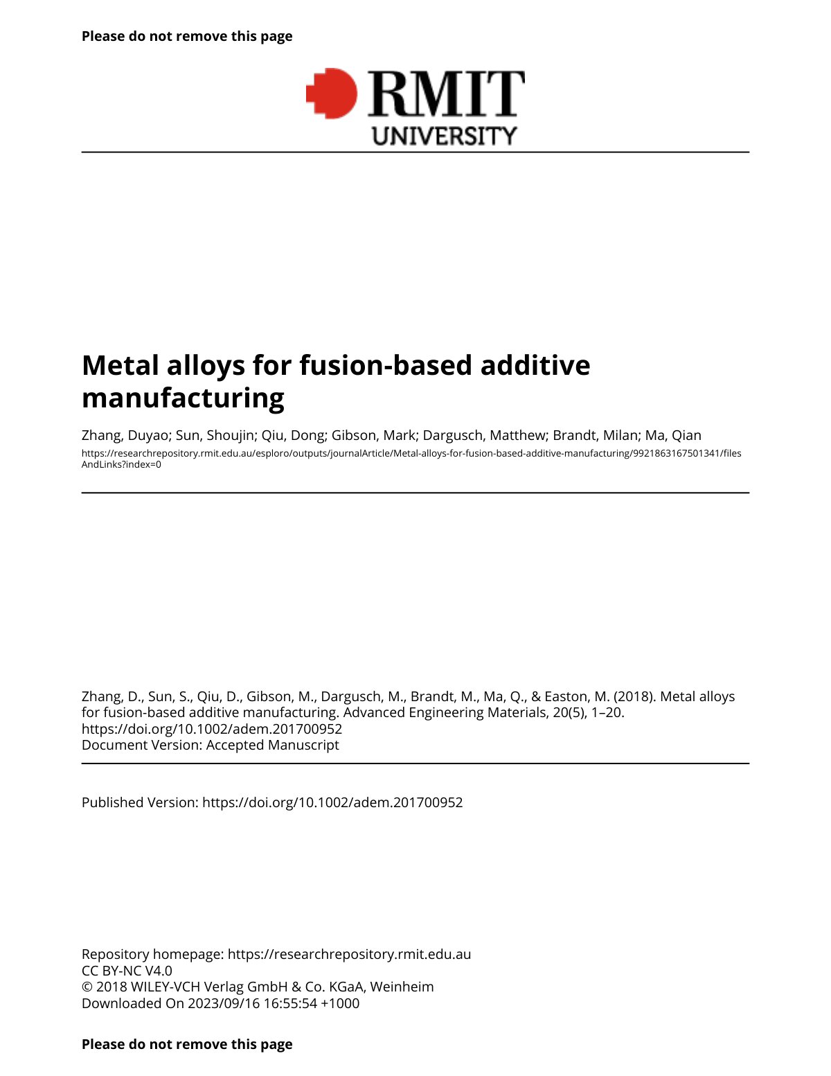 First page of Metal alloys for fusion-based additive manufacturing