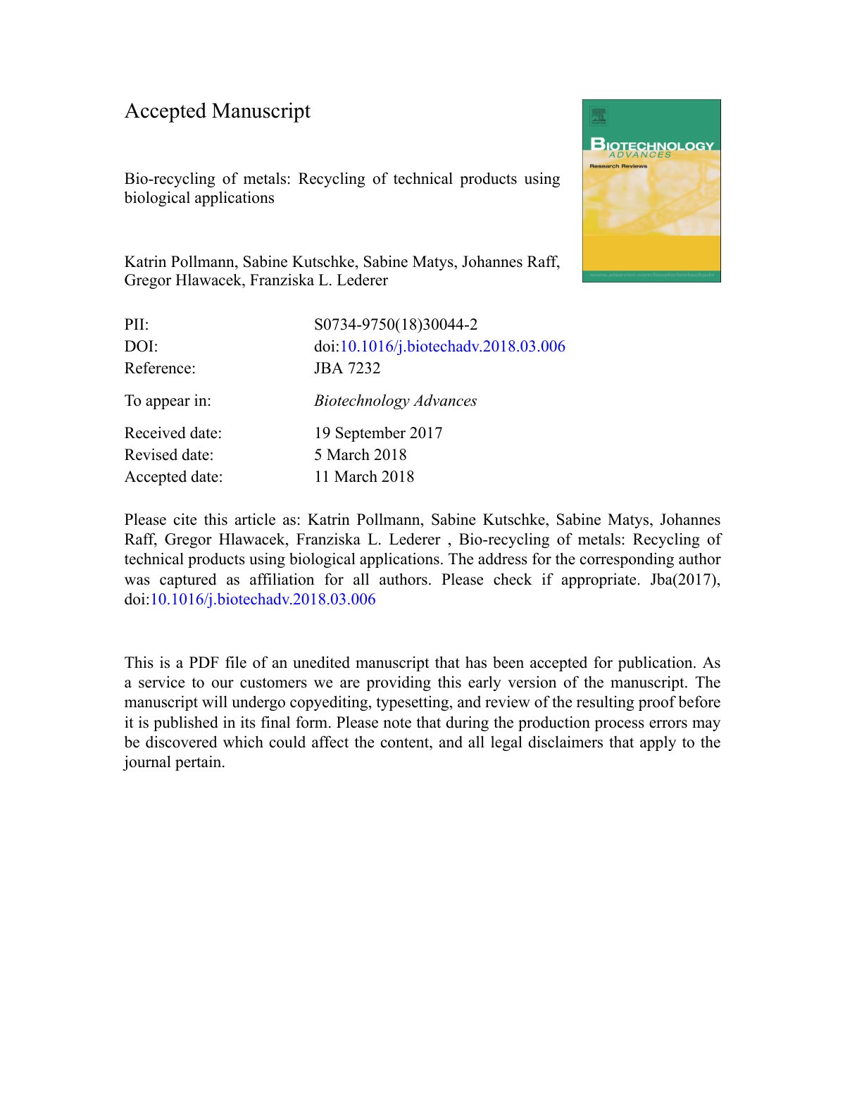 First page of Bio recycling of metals  Recycling of technical products    Pollmann Katrin Kutschke Sabine Matys Sabine Raff    ( WeLib.org )