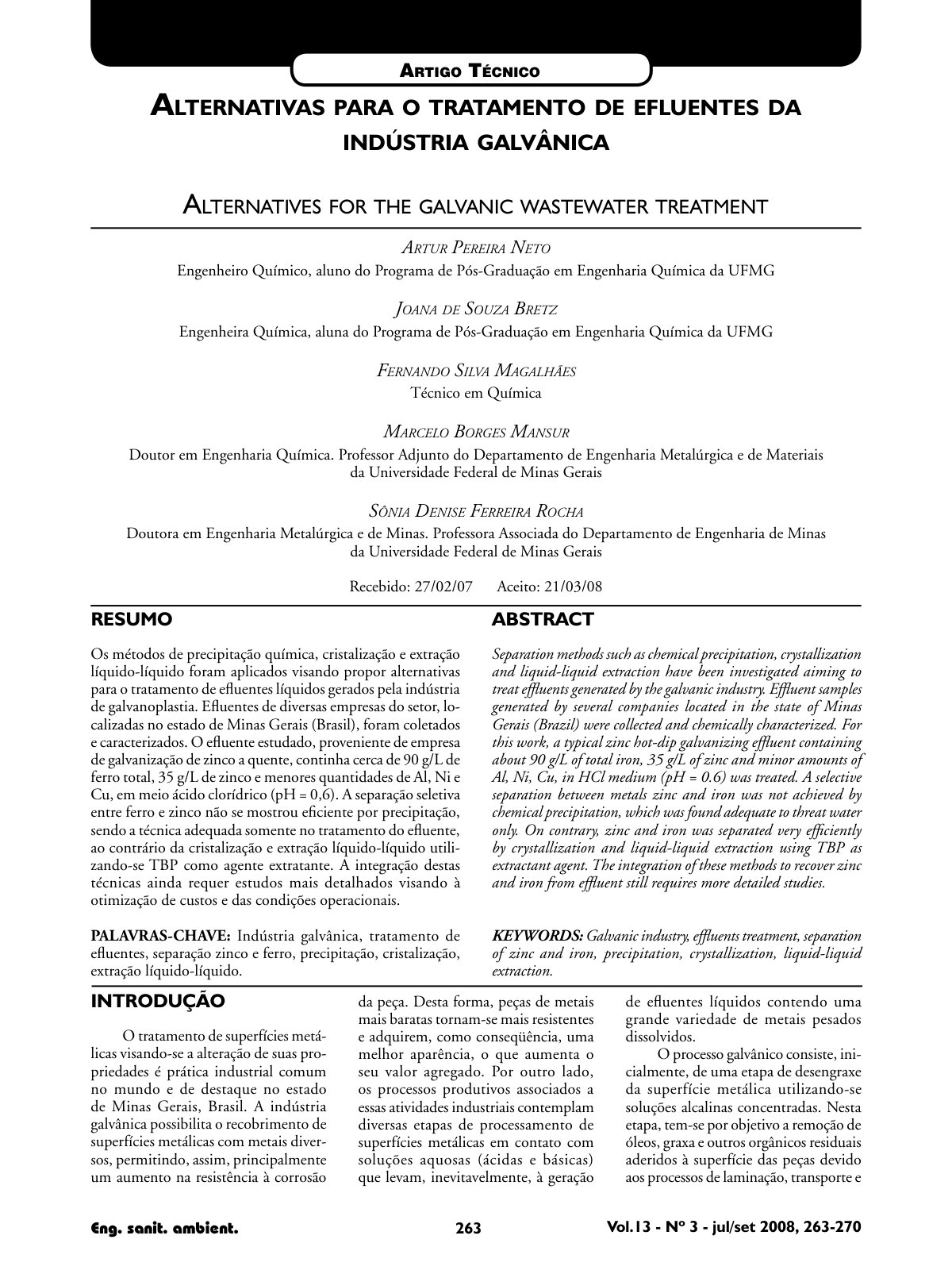 First page of Alternativas para o tratamento de efluentes da indústria galvânica