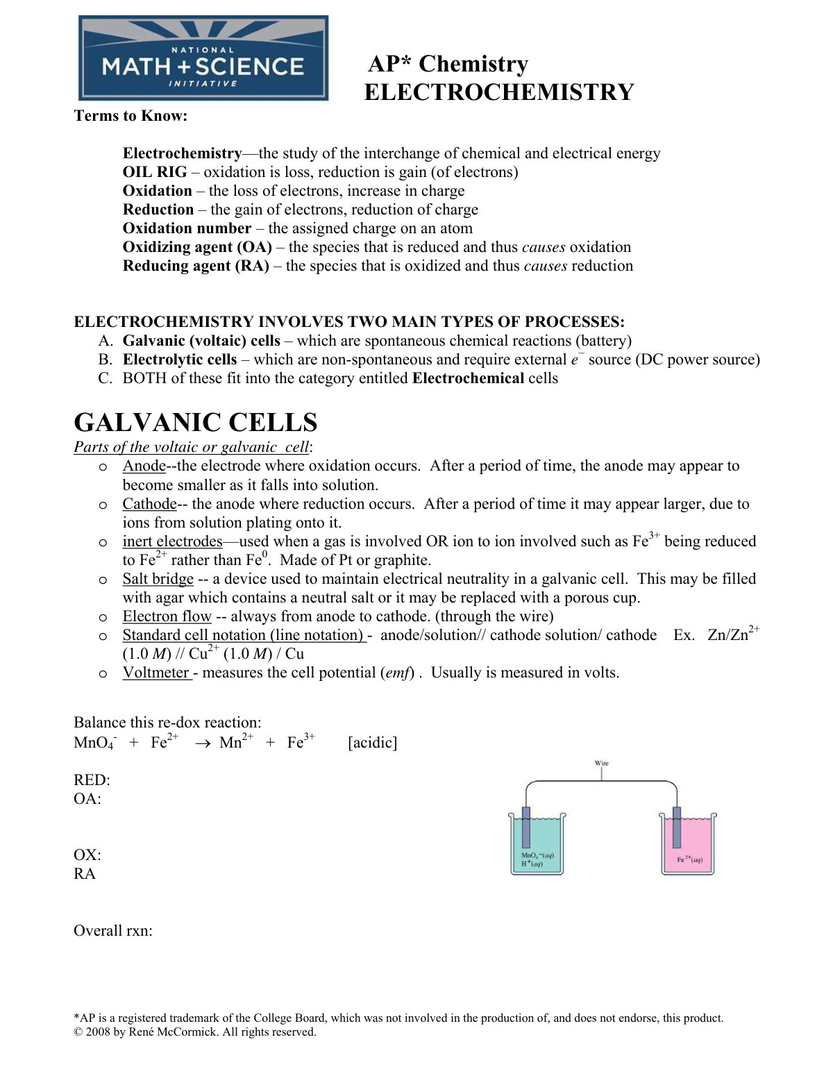 First page of AP Chemistry ELECTROCHEMISTRY