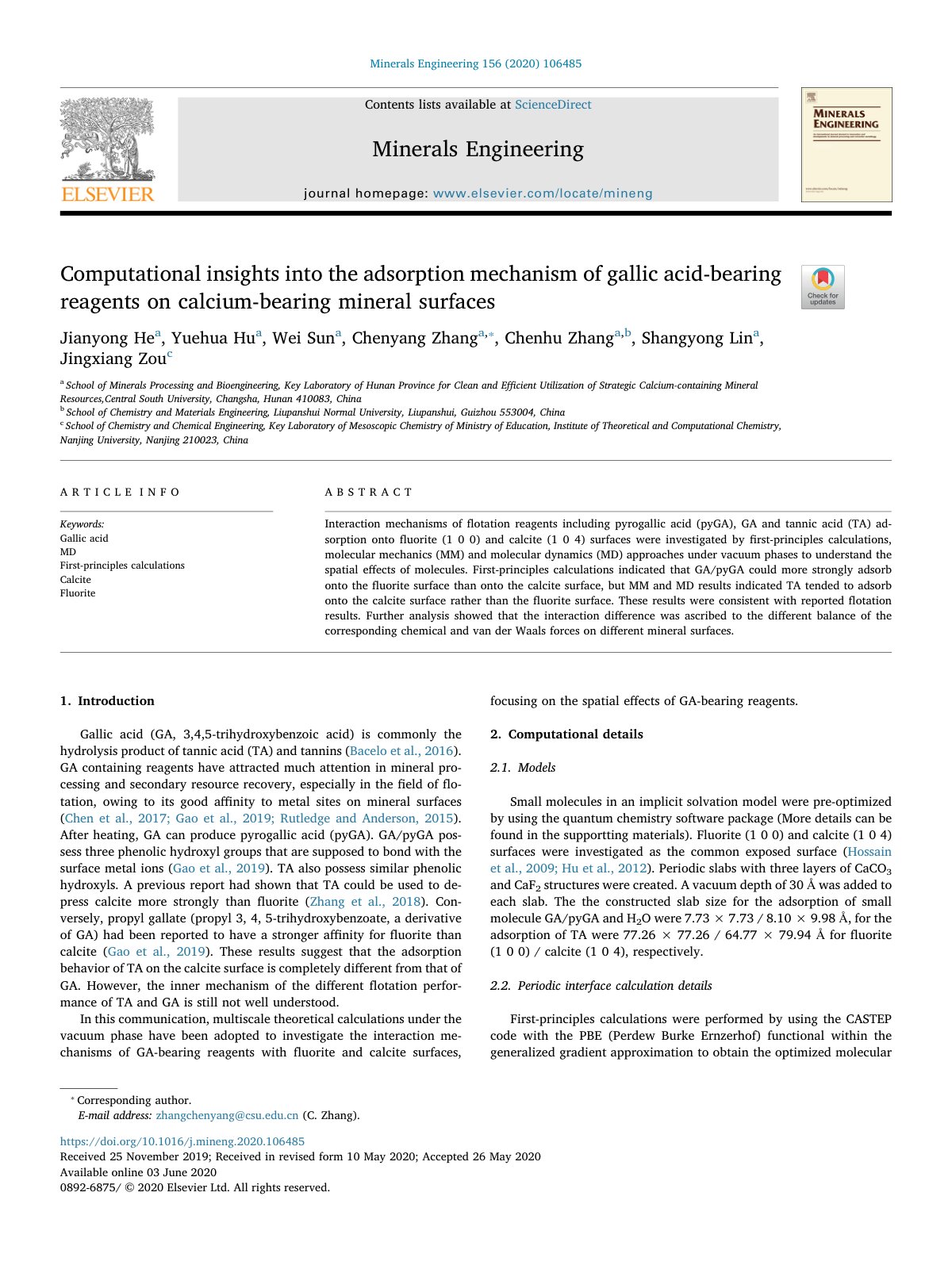 First page of Computational insights into the adsorption mechanism of gall 2020 Minerals E