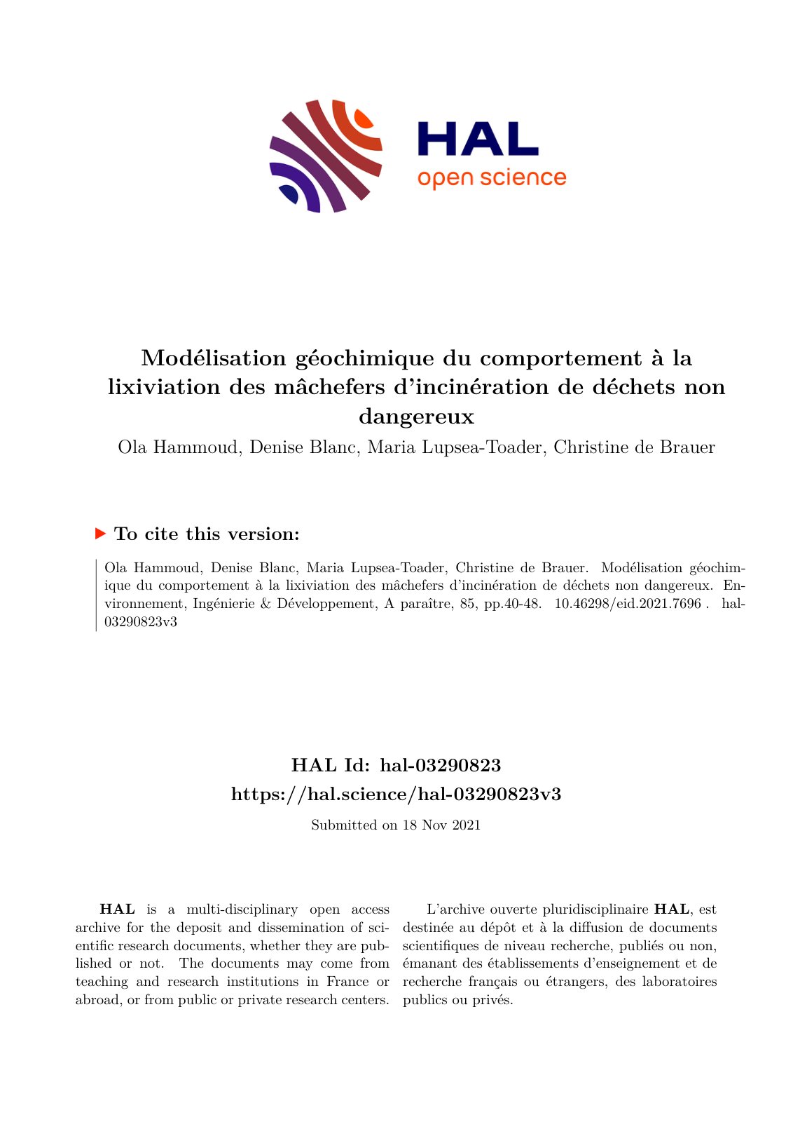 First page of Modélisation géochimique du comportement à la lixiviation des mâchefers d’incinération de déchets non dangereux