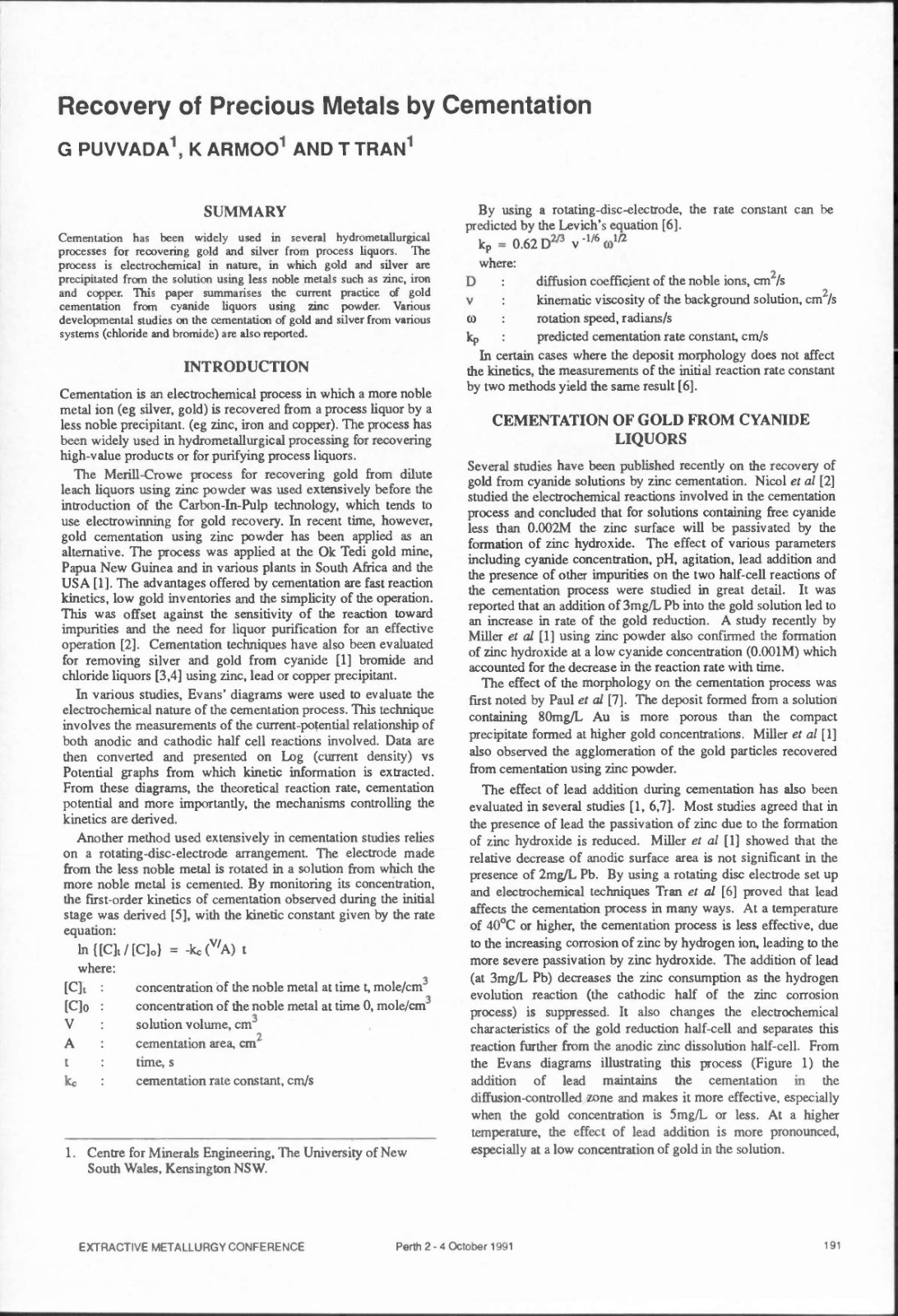 First page of Recovery of Precious Metals by Cementation