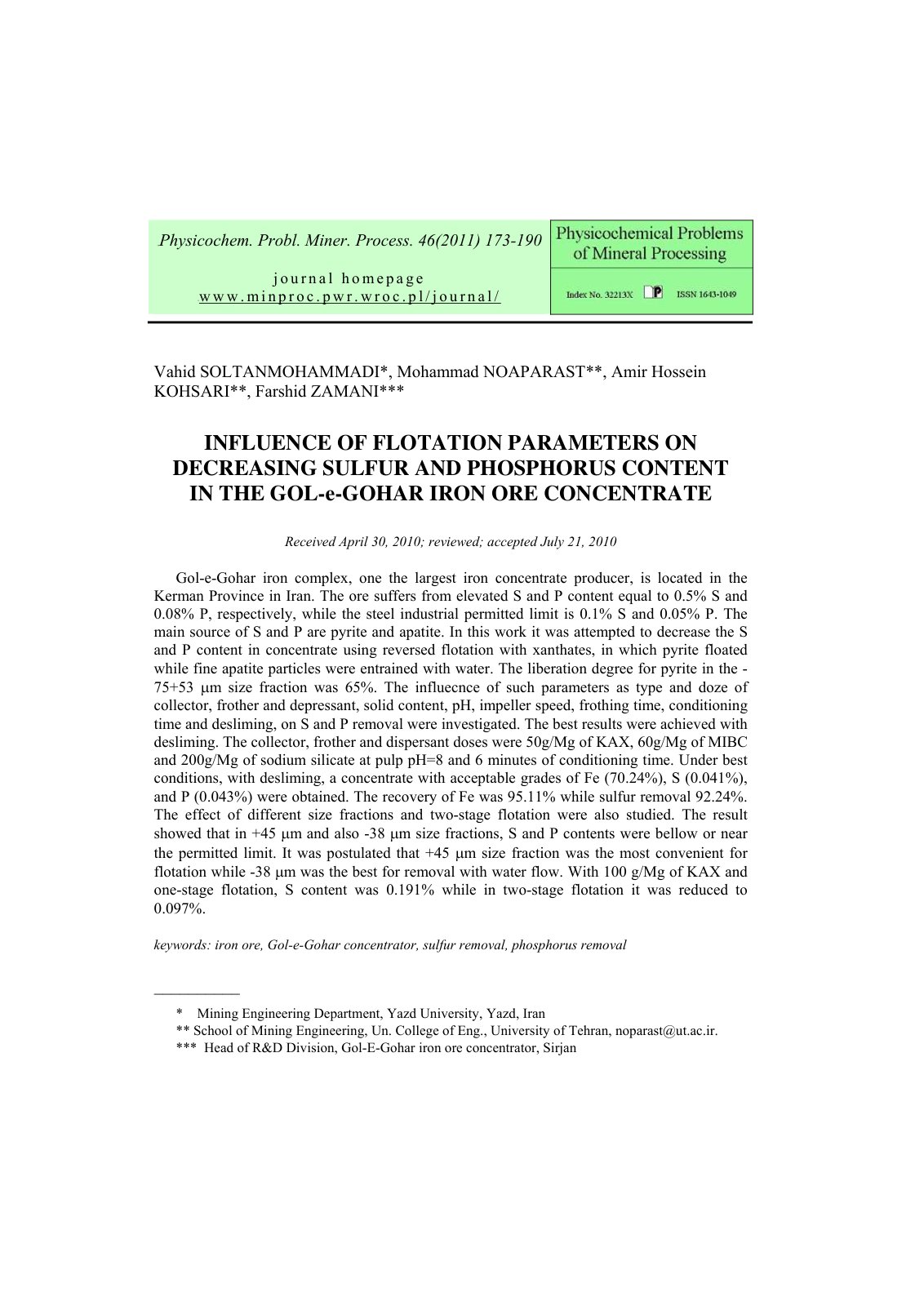 First page of INFLUENCE OF FLOTATION PARAMETERS ON DEC