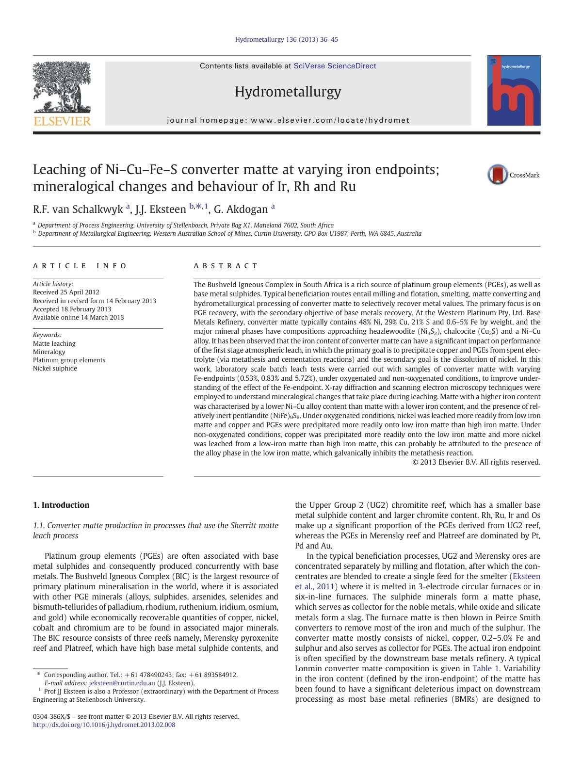 First page of Leaching of Ni Cu Fe S converter matte a