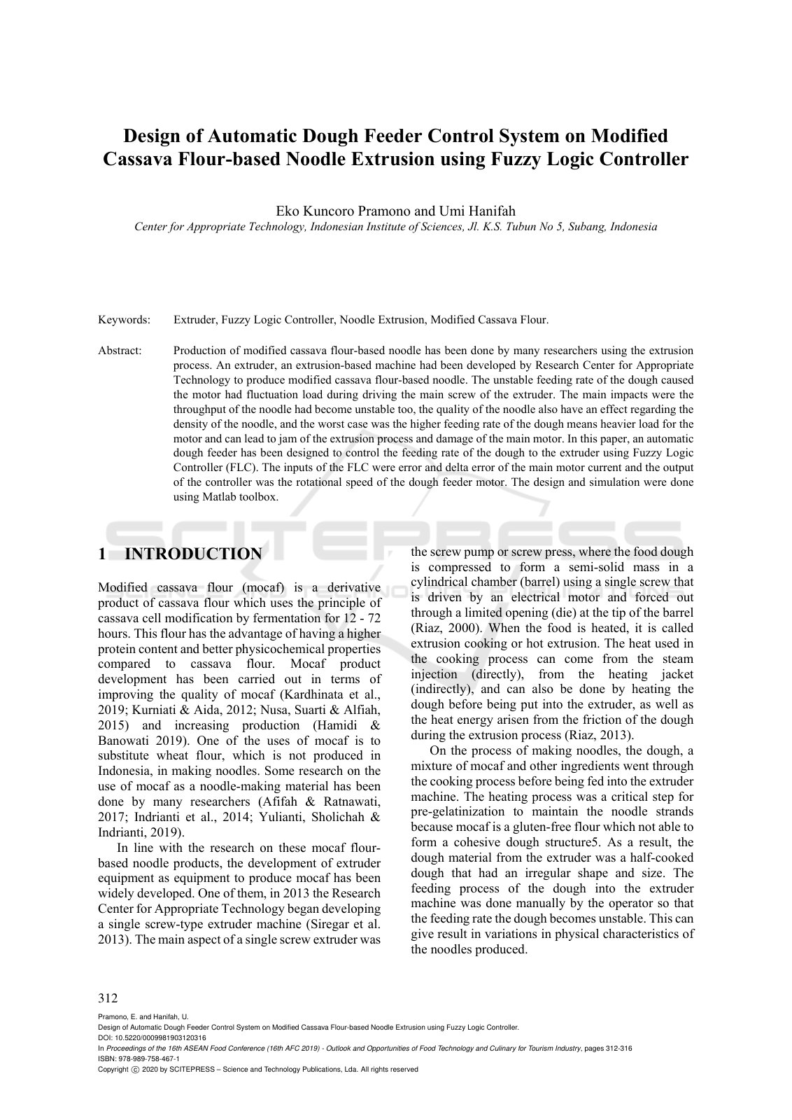 First page of Design of Automatic Dough Feeder Control System on Modified Cassava Flour-based Noodle Extrusion using Fuzzy Logic Controller