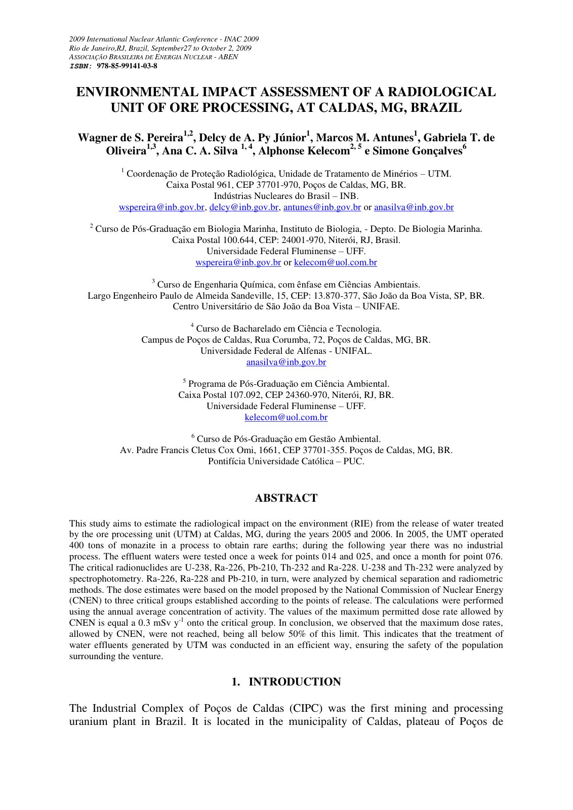 First page of ENVIRONMENTAL IMPACT ASSESSMENT OF A RADIOLOGICAL UNIT OF ORE PROCESSING, AT CALDAS, MG, BRAZIL