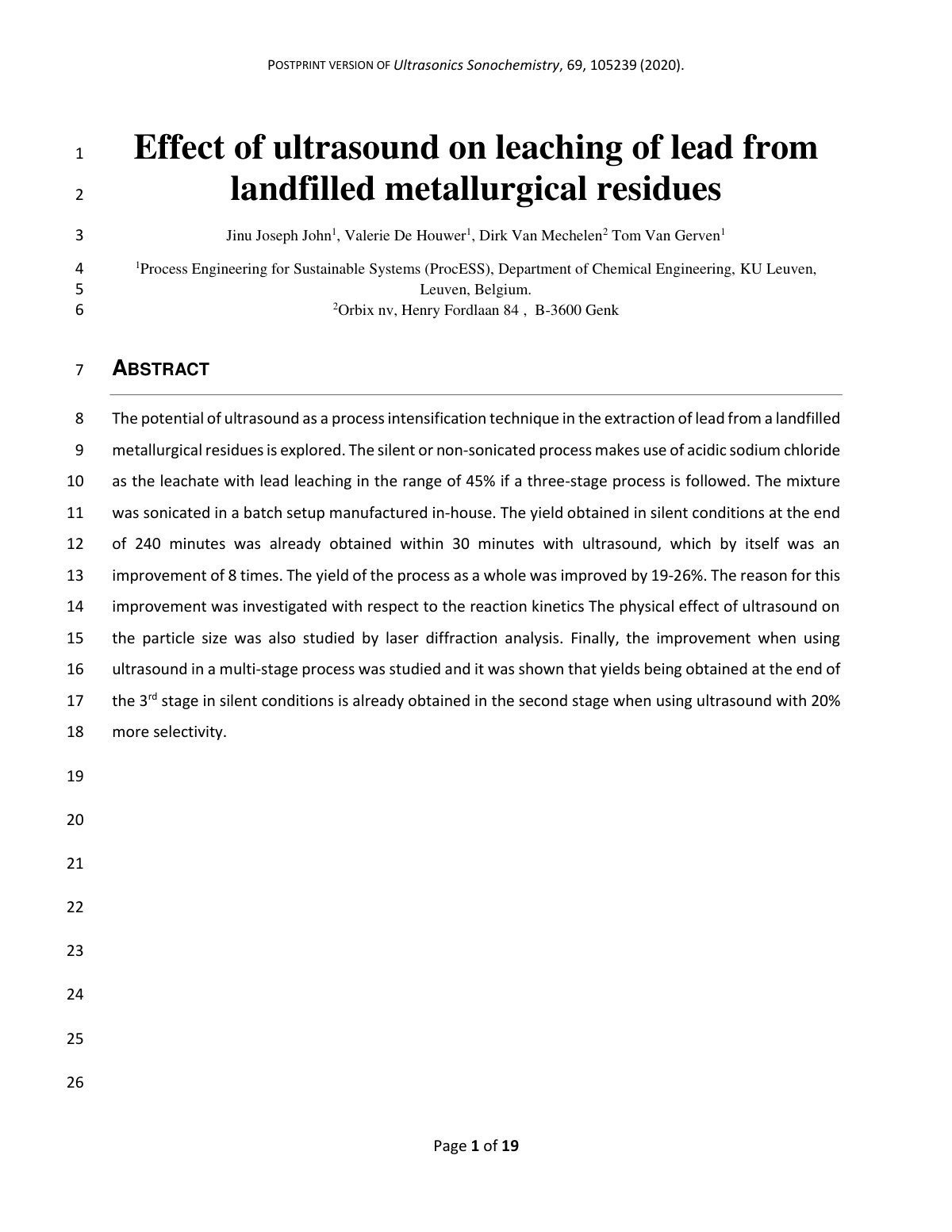 First page of Effect of ultrasound on leaching of lead from landfilled metallurgical residues