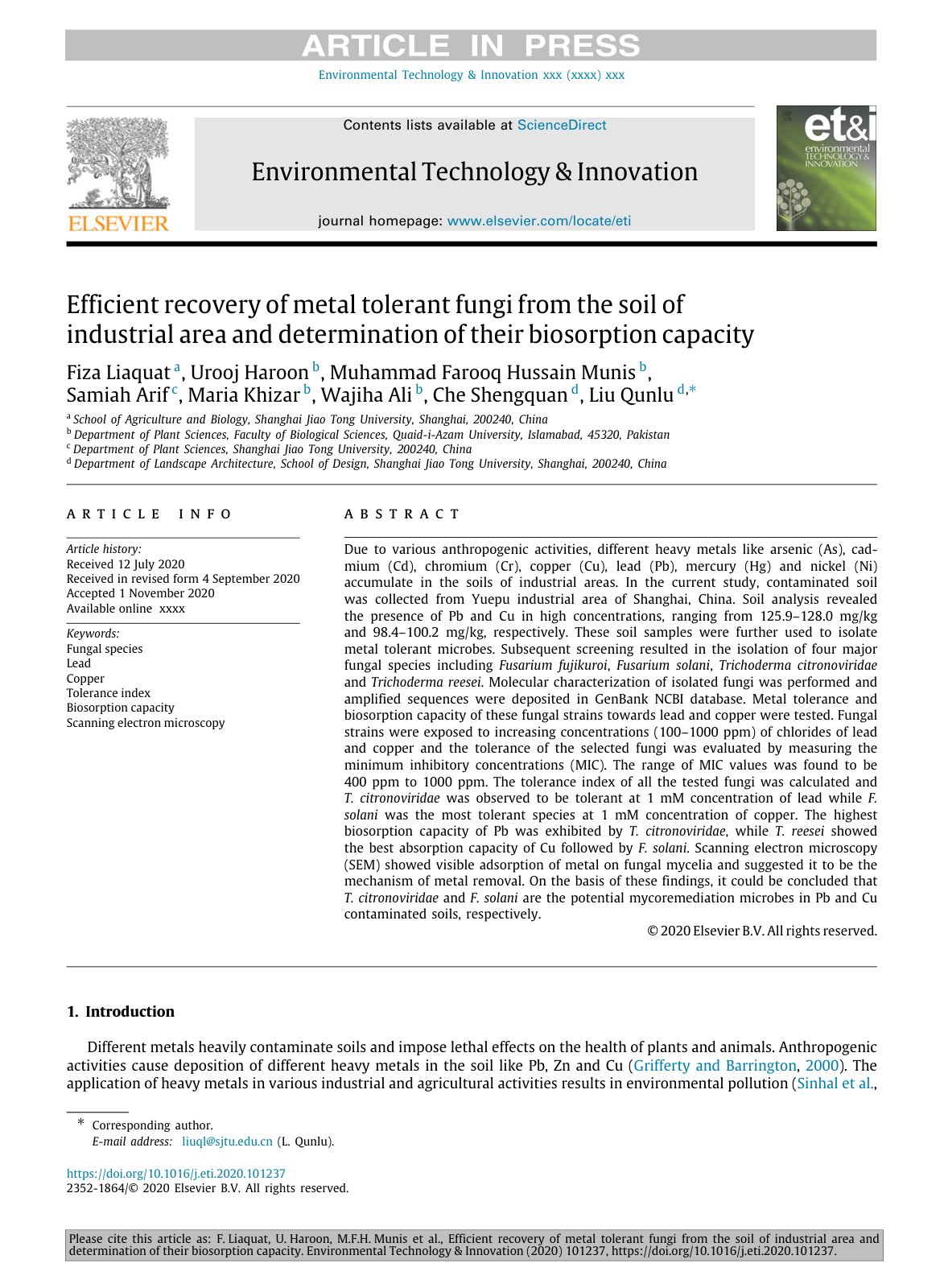 First page of Efficient recovery of metal tolerant fungi from the soil of industrial area and determination of their biosorption capacity