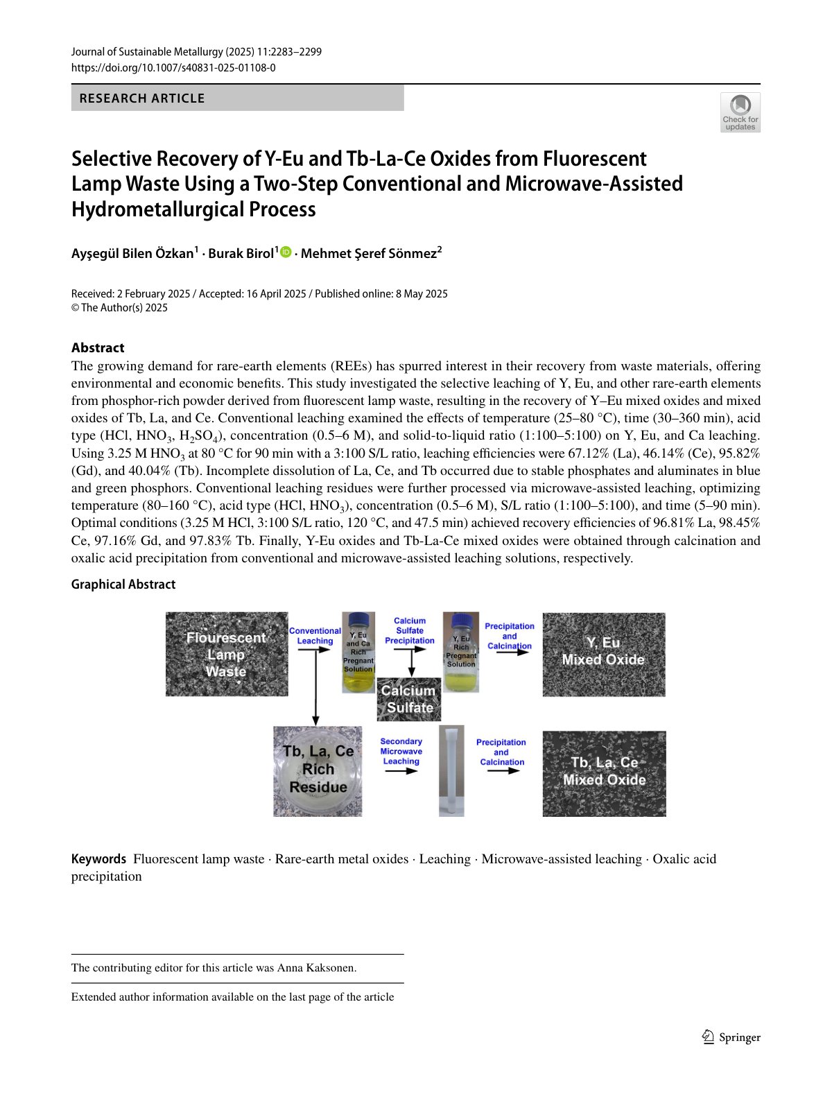 First page of 2025   Ozkan   Rare Earth Recovery from Fluorescent Lamp Waste