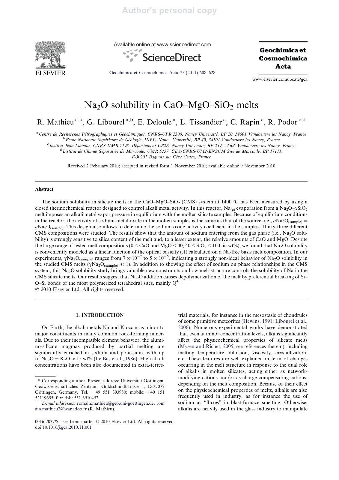 First page of Na2O solubility in CaO MgO SiO2 melts