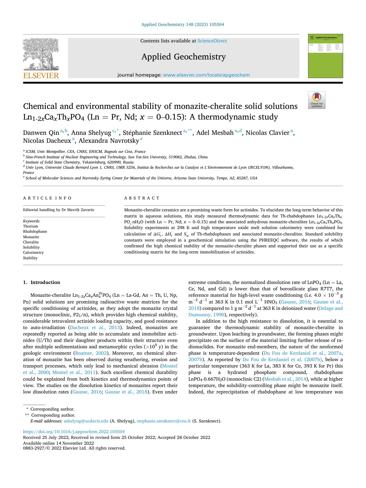 First page of Chemical and environmental stability of monazite-cheralite solid solutions Ln1-2xCaxThxPO4 (Ln = Pr, Nd; x = 0–0.15): A thermodynamic study