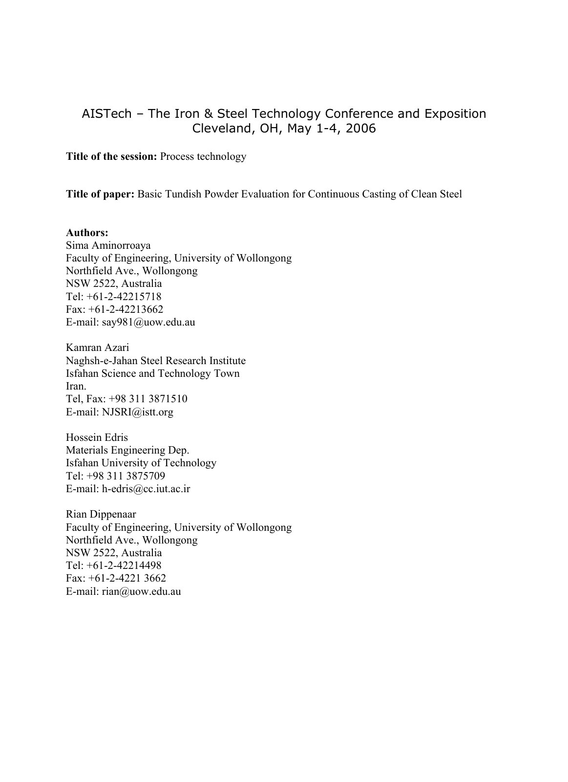 First page of Basic Tundish Powder Evaluation for Cont