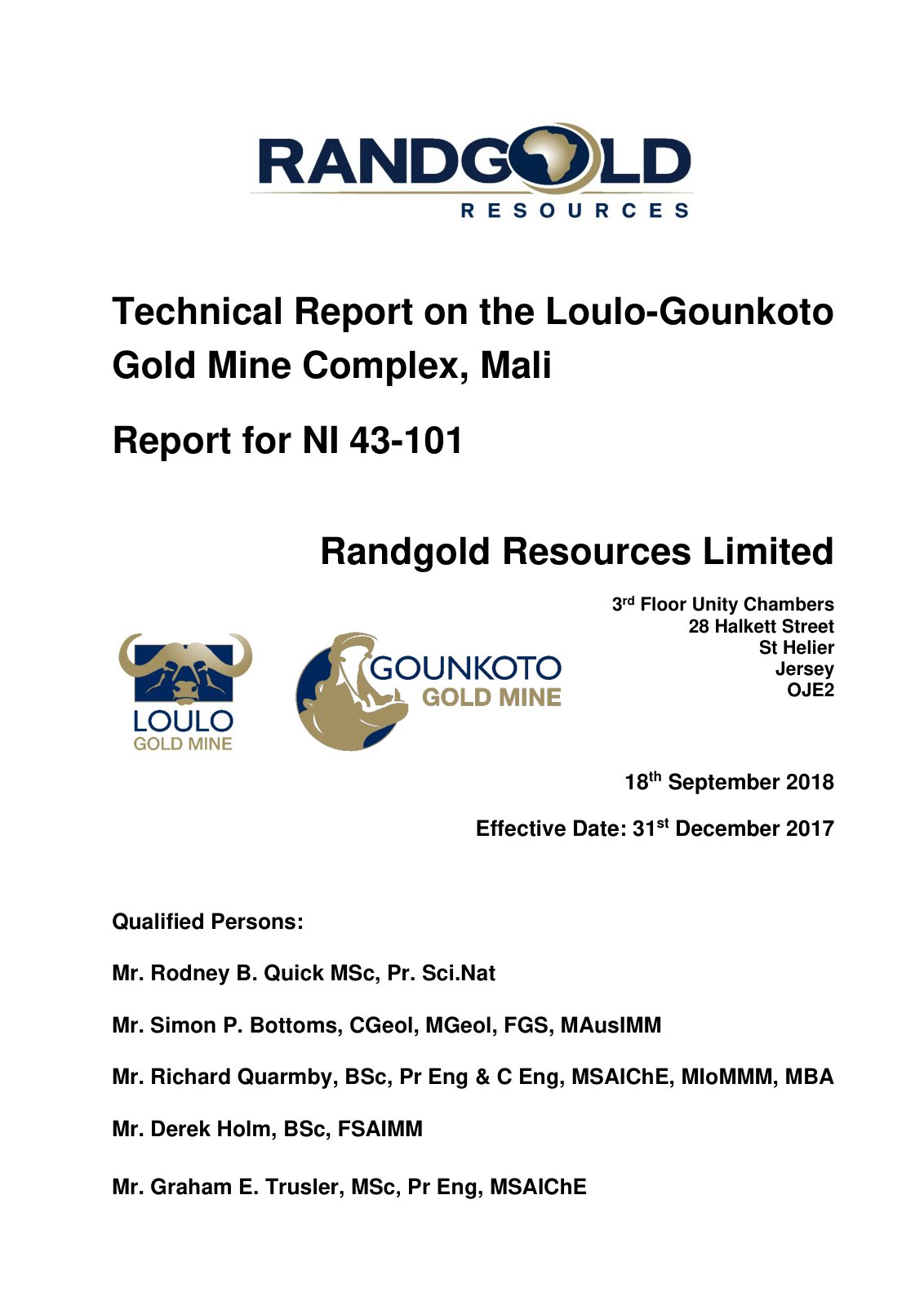 First page of Technical Report on the Loulo-Gounkoto Gold Mine Complex, Mali