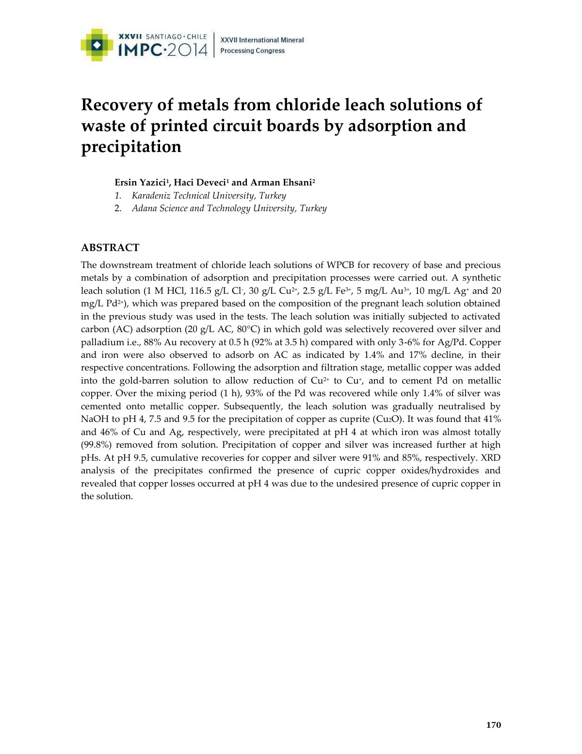 First page of Recovery of metals from chloride leach s