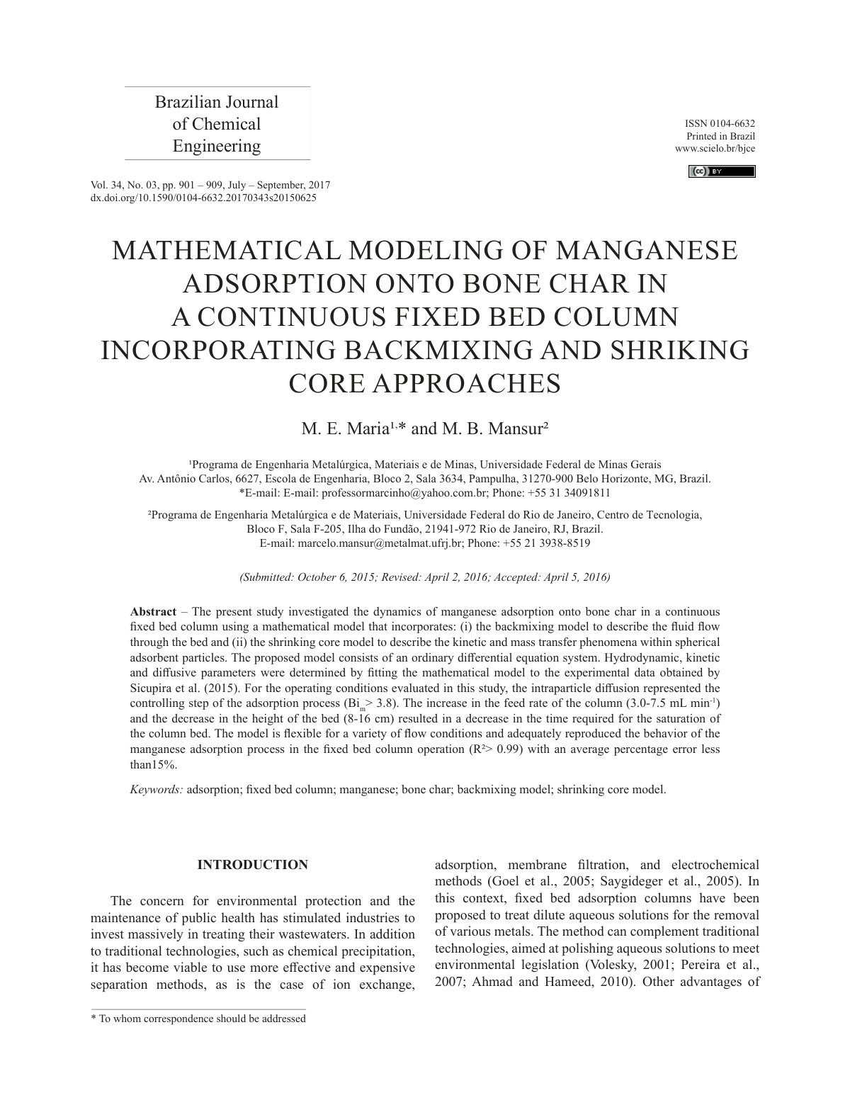 First page of MATHEMATICAL MODELING OF MANGANESE ADSORPTION ONTO BONE CHAR IN A CONTINUOUS FIXED BED COLUMN INCORPORATING BACKMIXING AND SHRIKING CORE APPROACHES