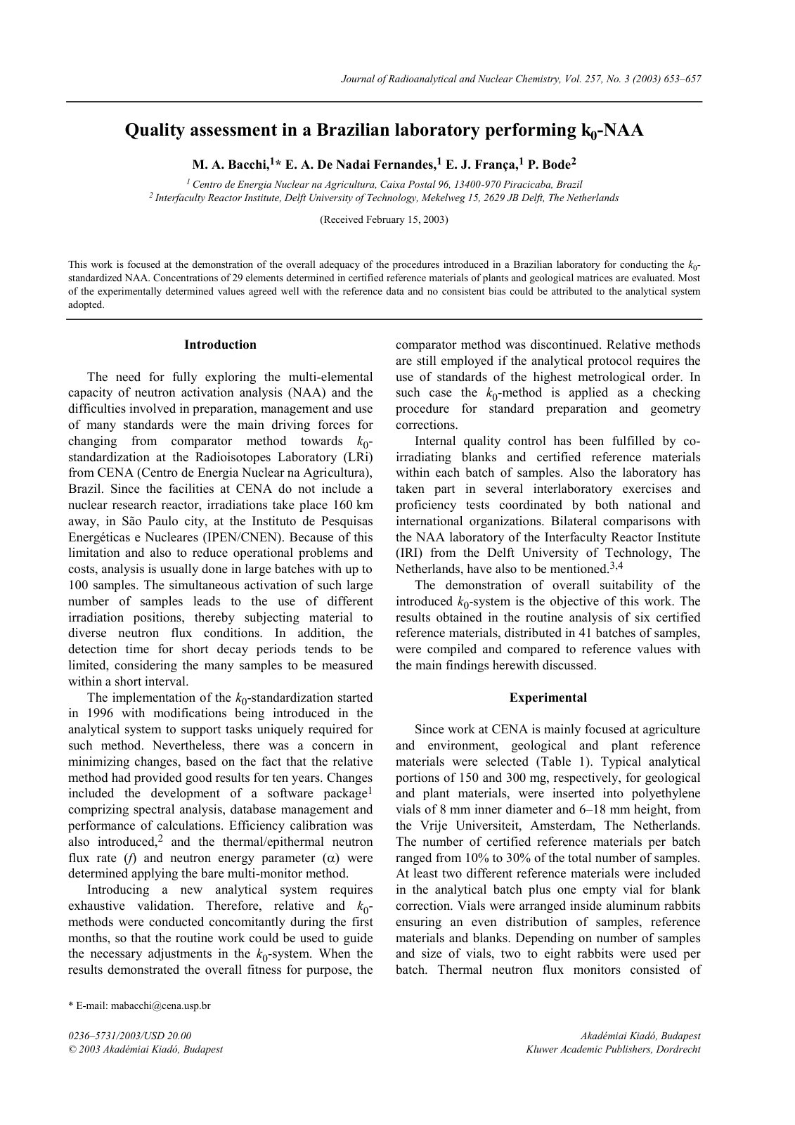 First page of Quality assessment in a Brazilian laboratory performing k0-NAA