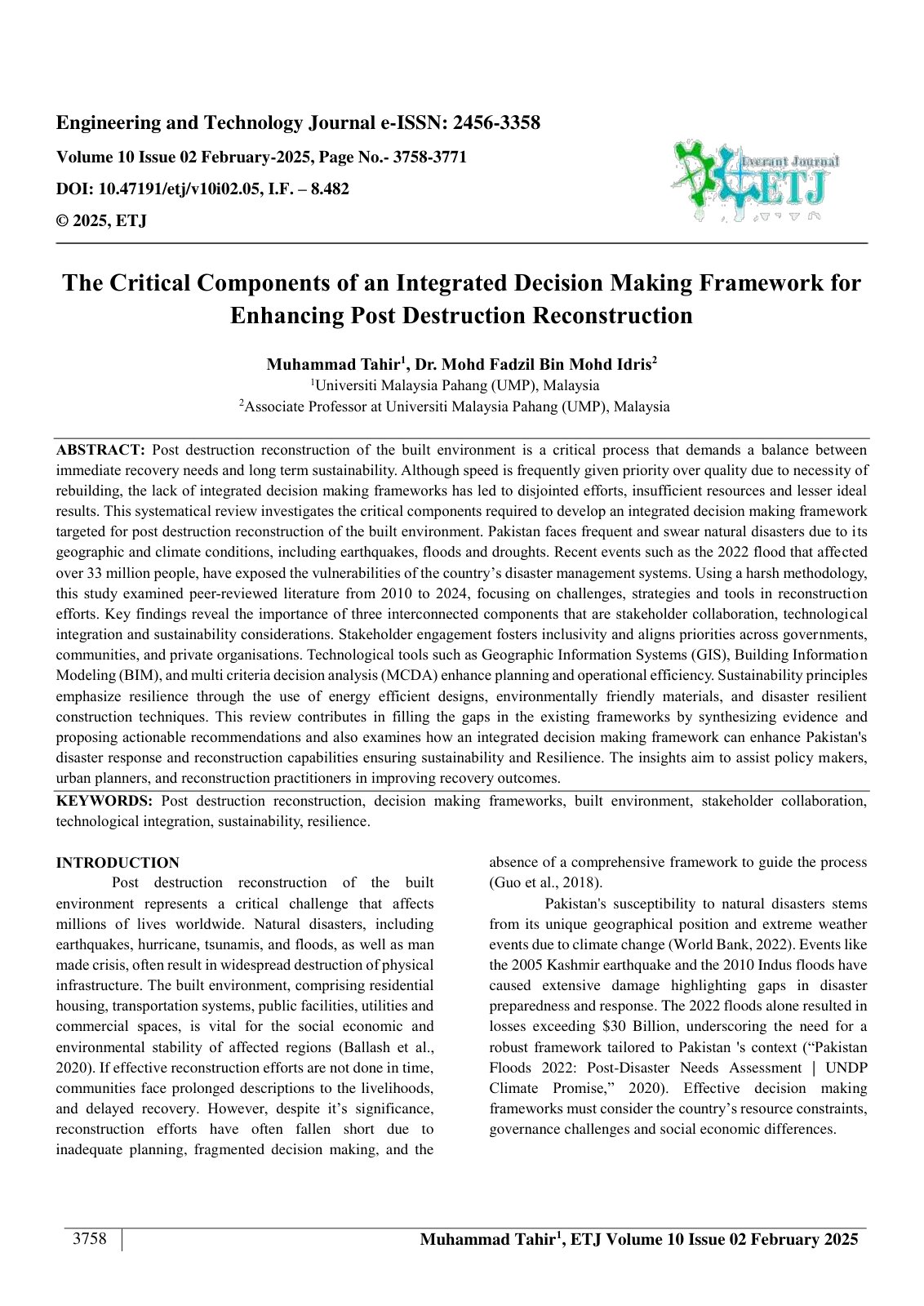 First page of The Critical Components of an Integrated Decision Making Framework for  Enhancing Post Destruction Reconstruction  