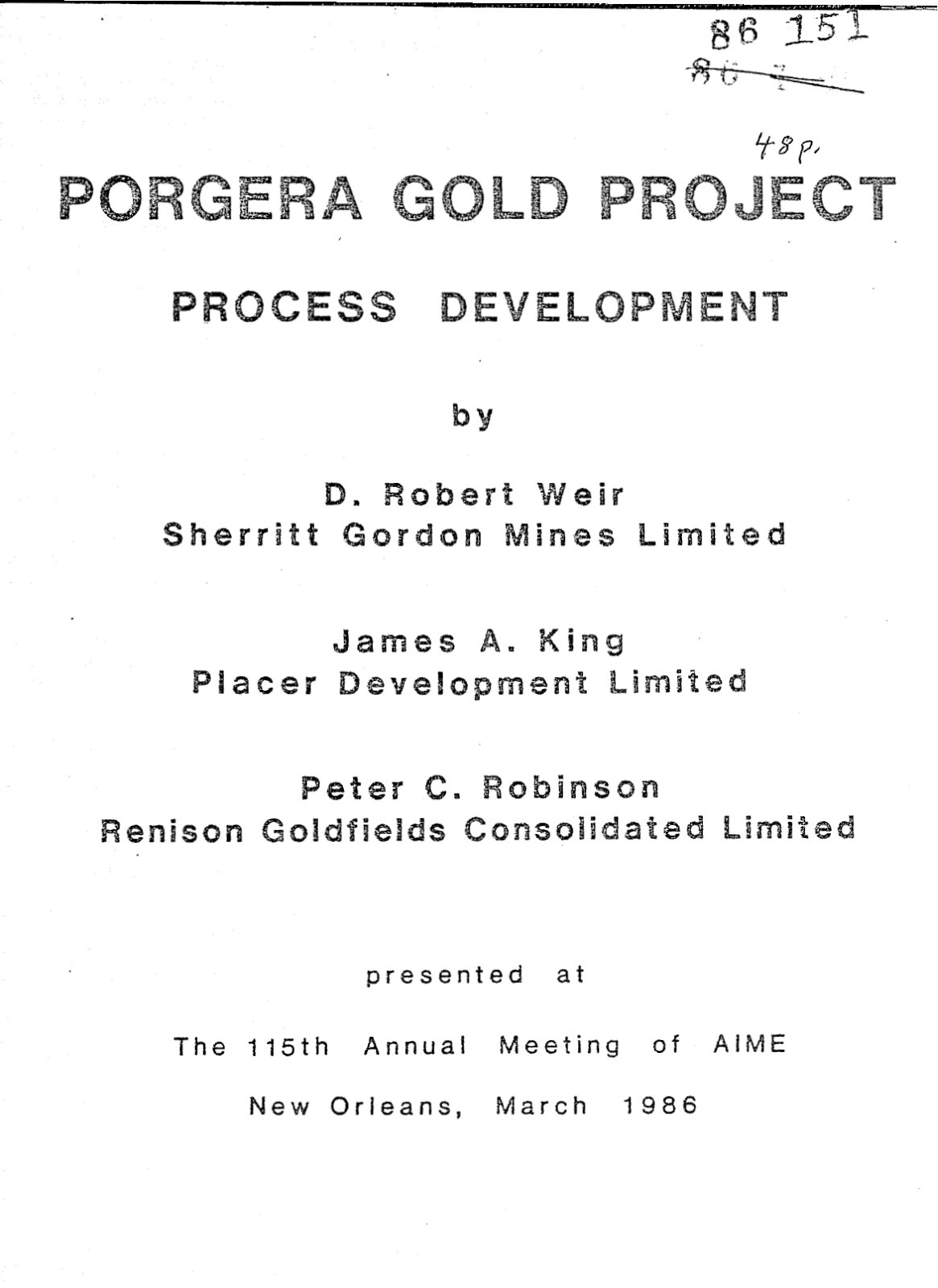First page of Process Development of Porgera HPAO