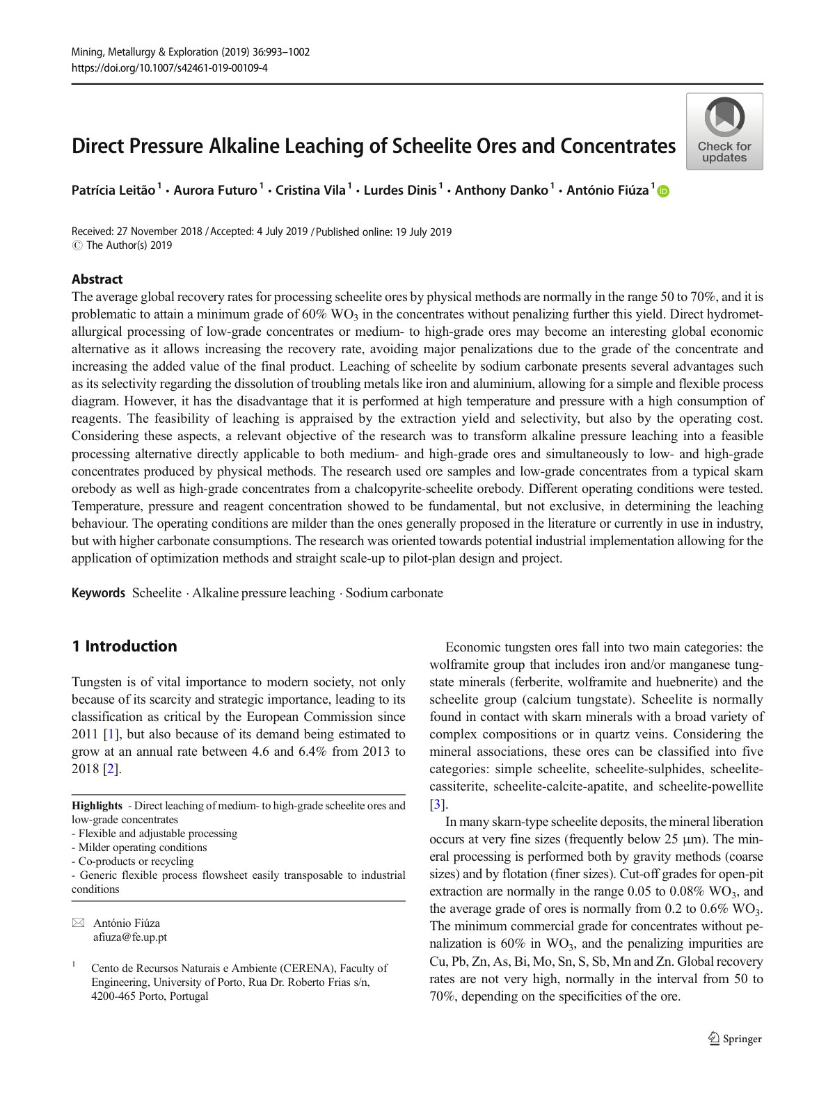 First page of Direct Pressure Alkaline Leaching of Scheelite Ores and Concentrates
