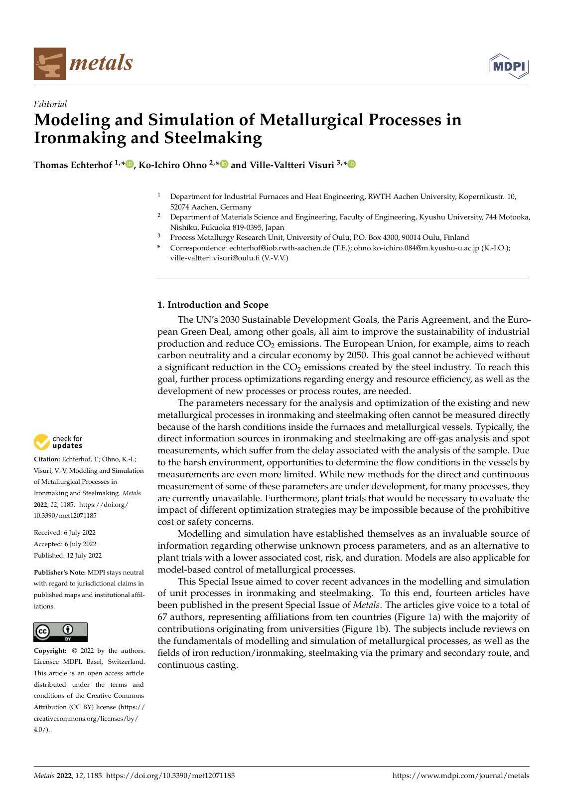 First page of Modeling and Simulation of Metallurgical Processes in Ironmaking and Steelmaking