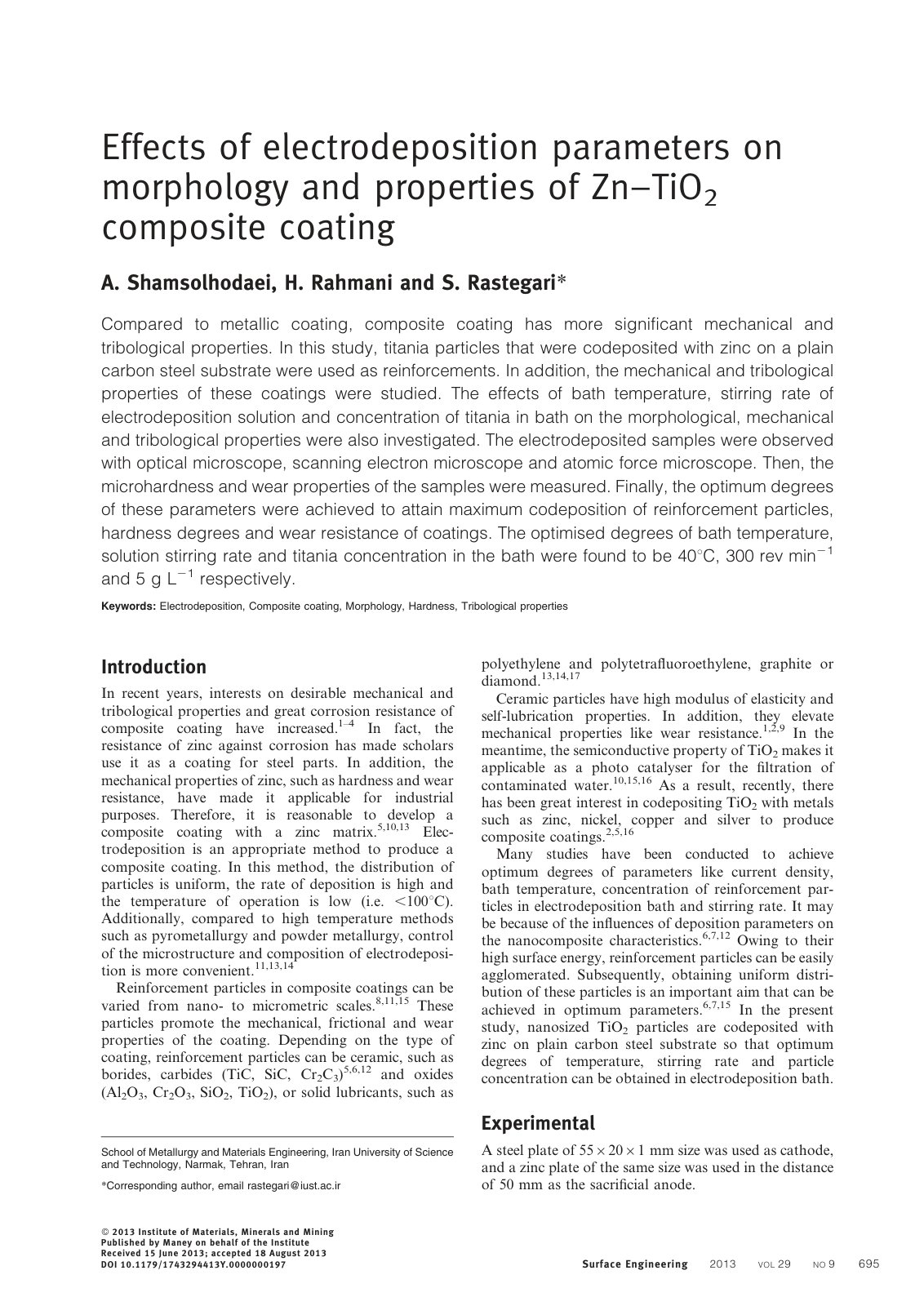 First page of Effects of electrodeposition parameters on morphology and properties of Zn–TiO 2 composite coating