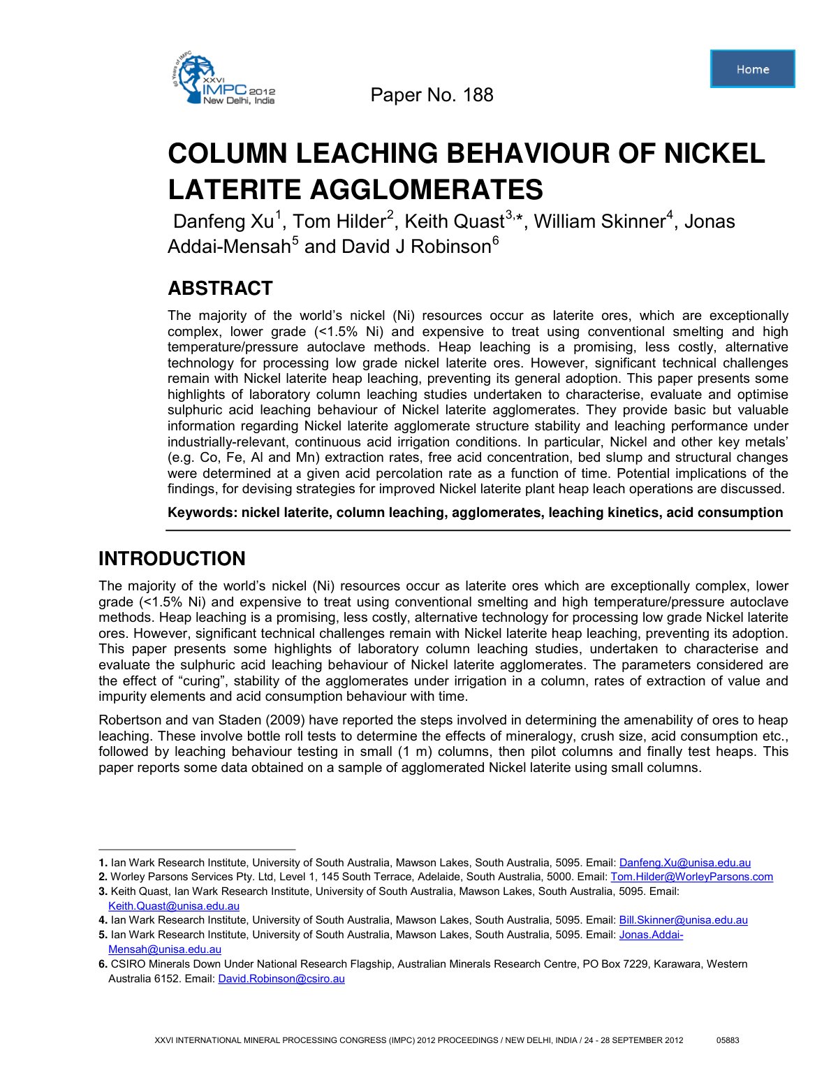 First page of COLUMN LEACHING BEHAVIOUR OF NICKEL LATERITE AGGLOMERATES