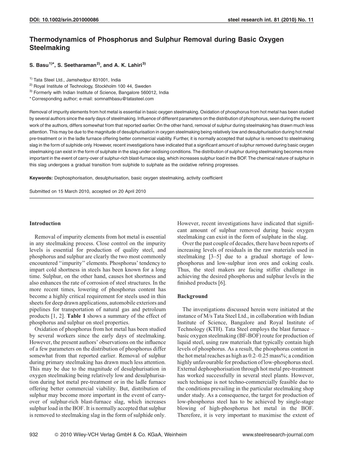 First page of Thermodynamics of Phosphorus and Sulphur Removal during Basic Oxygen Steelmaking
