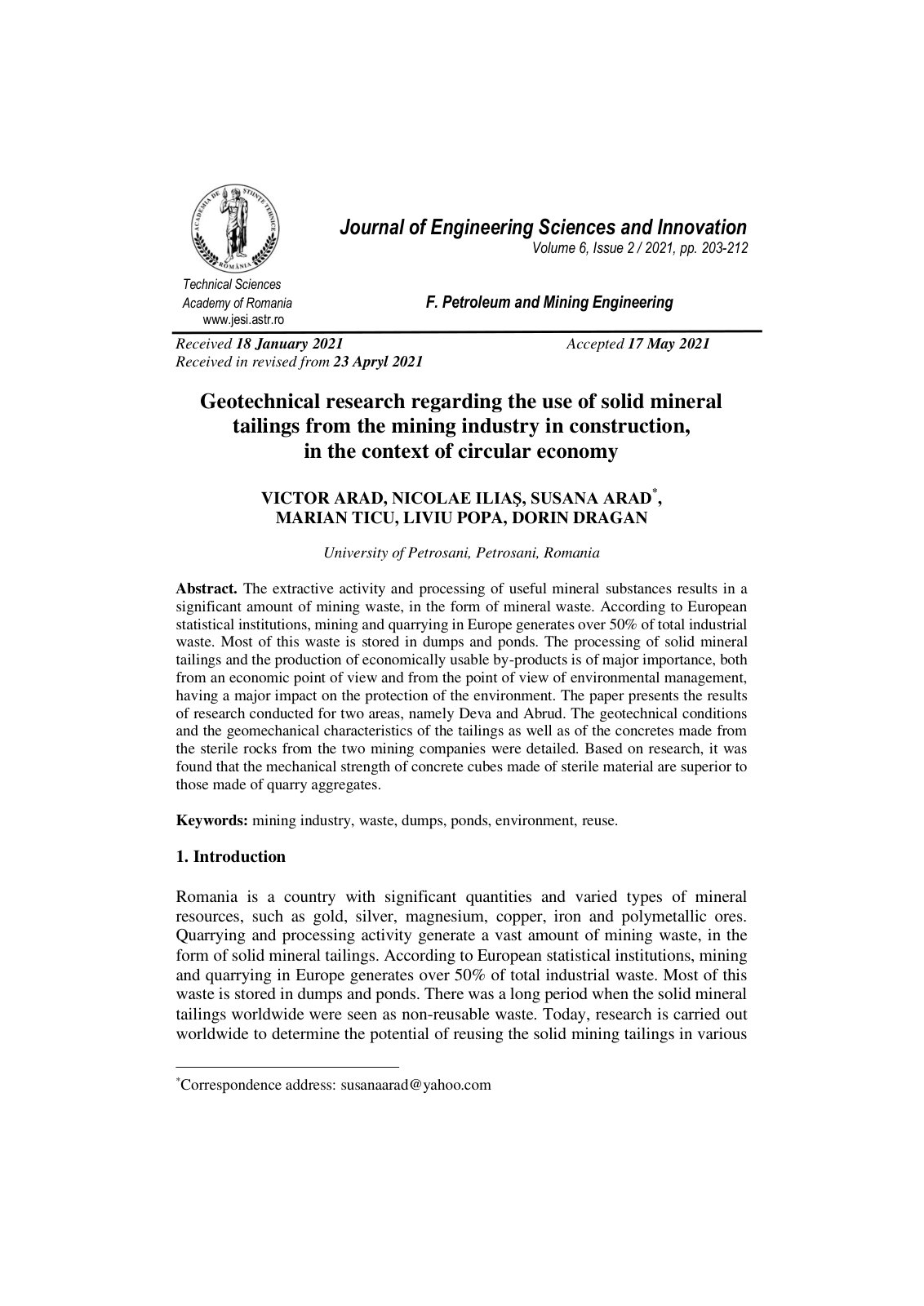 First page of Geotechnical research regarding the use