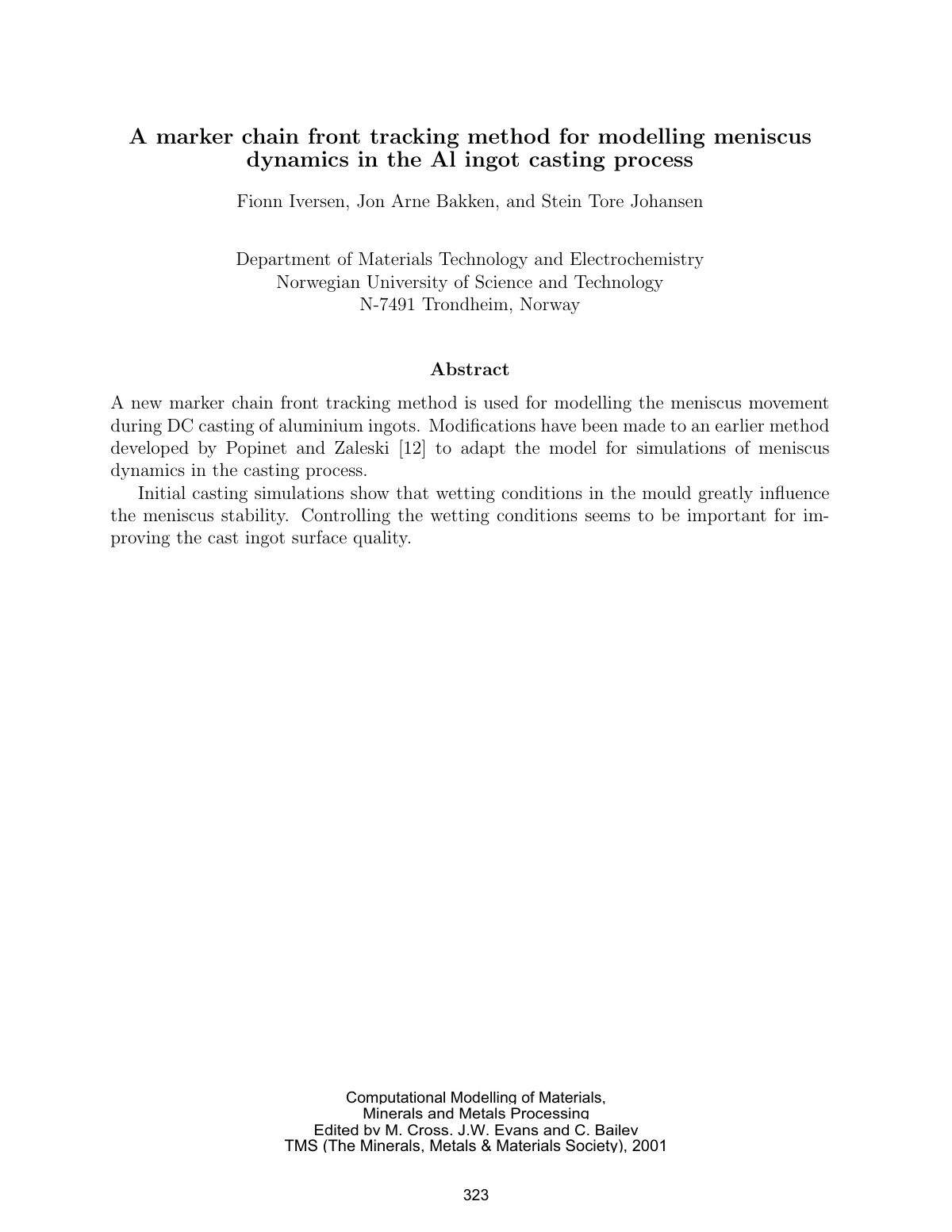 First page of A marker chain front tracking method for modelling meniscus dynamics in the Al ingot casting process
