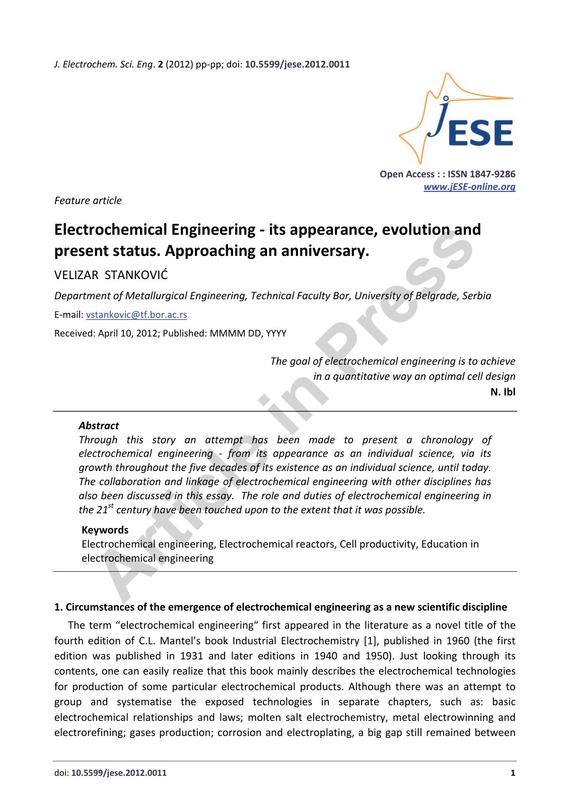 First page of Electrochemical Engineering its appearan