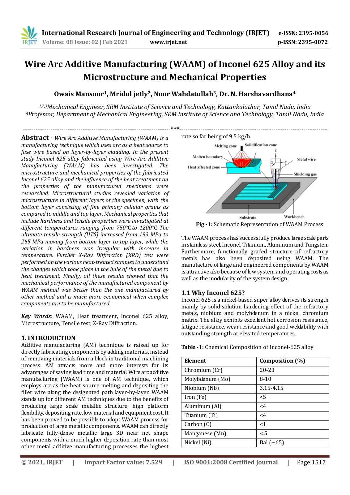 First page of Wire Arc Additive Manufacturing (WAAM) of Inconel 625 Alloy and its Microstructure and Mechanical Properties