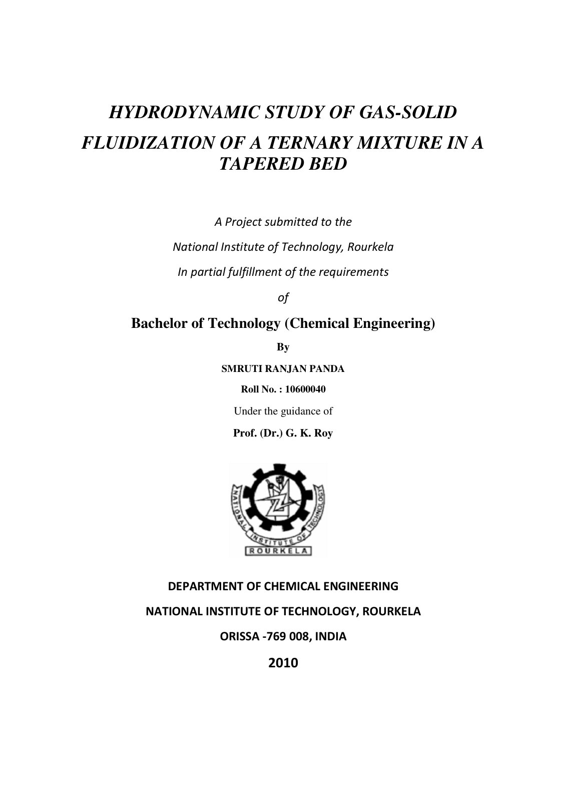 First page of Hydrodynamic Study of Gas Solid Fluidiza