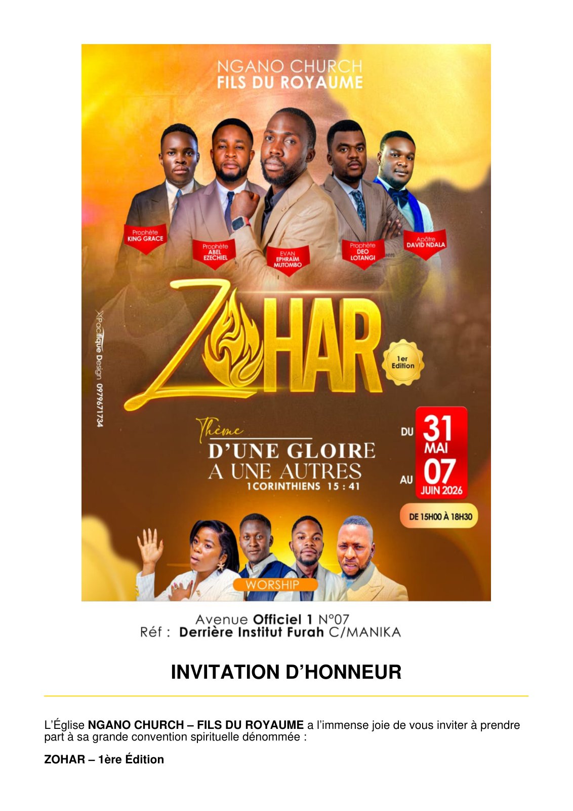 First page of Invitation Honneur ZOHAR Avec Affiche