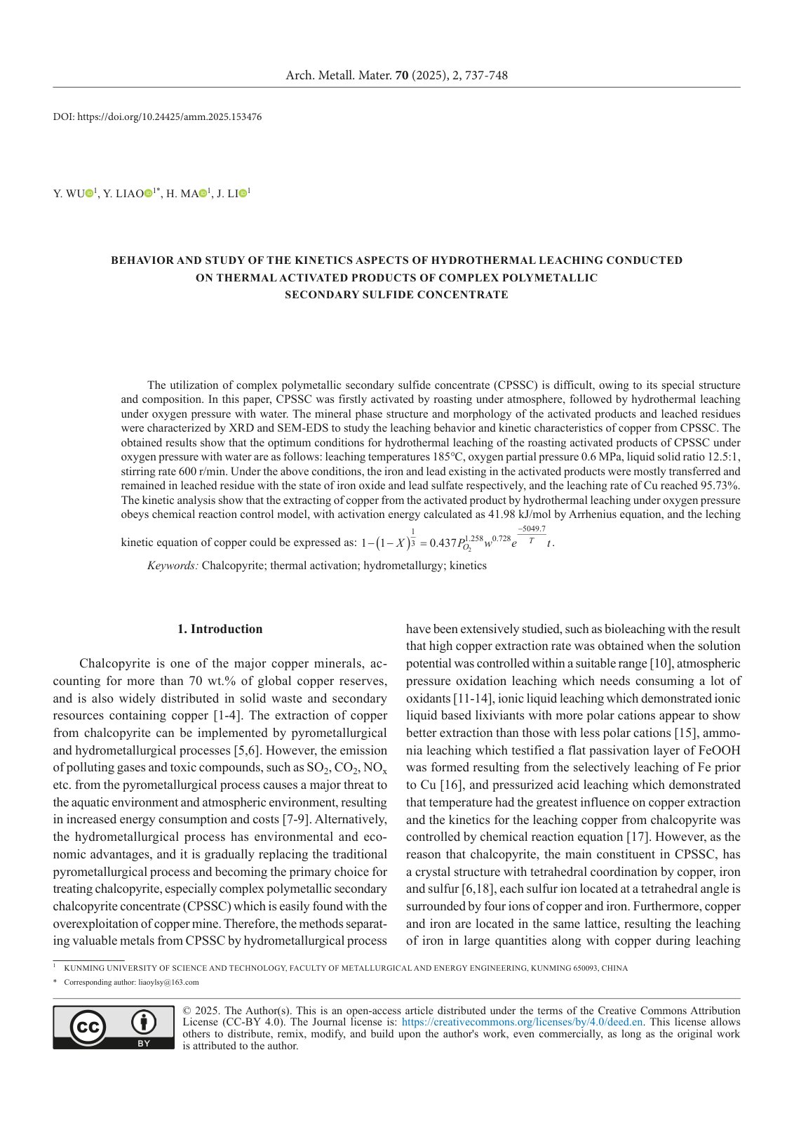 First page of Behavior and Study of the Kinetics Aspects of Hydrothermal Leaching Conducted on Thermal Activated Products of Complex Polymetallic Secondary Sulfide Concentrate