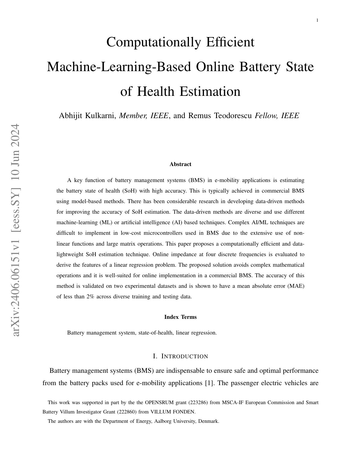 First page of Computationally Efficient Machine-Learning-Based Online Battery State of Health Estimation