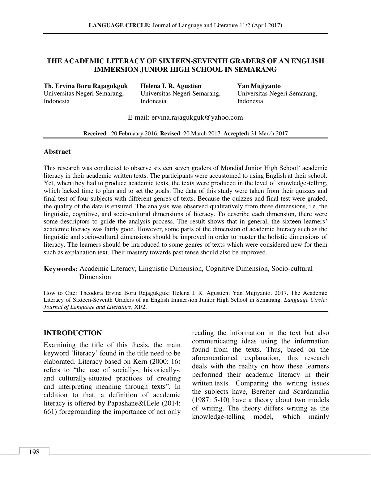 First page of The Academic Literacy of Sixteen Seventh
