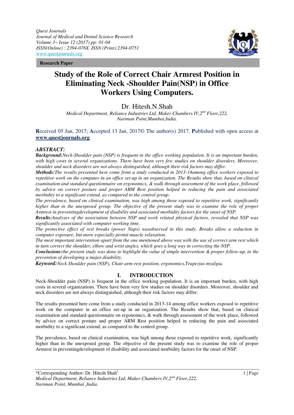 First page of Study of the Role of Correct Chair Armre
