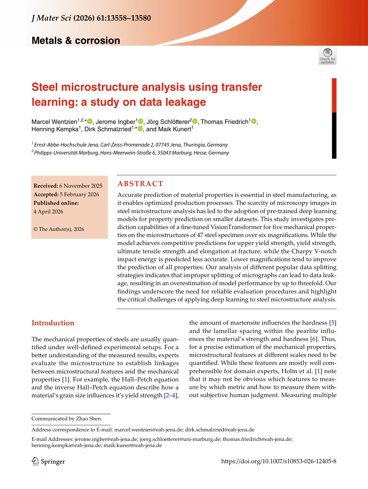 First page of 2026 Wentzien Steel Microstructure Transfer Learning