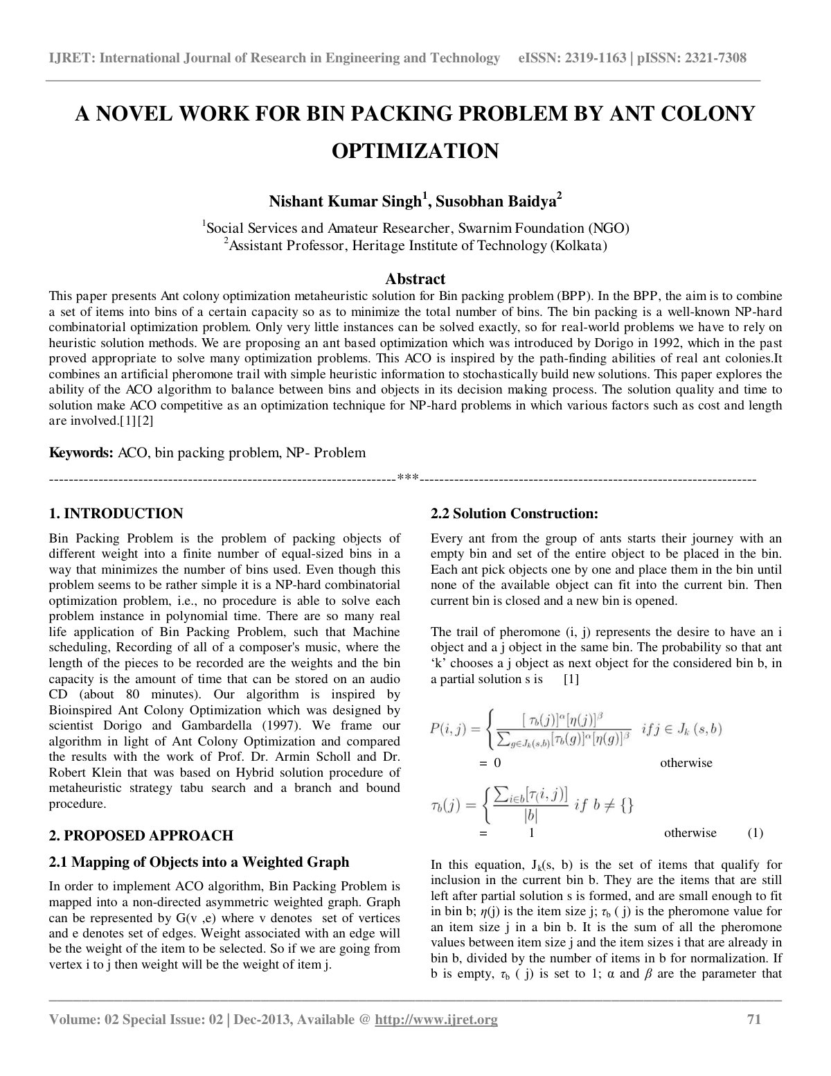 First page of A NOVEL WORK FOR BIN PACKING PROBLEM BY