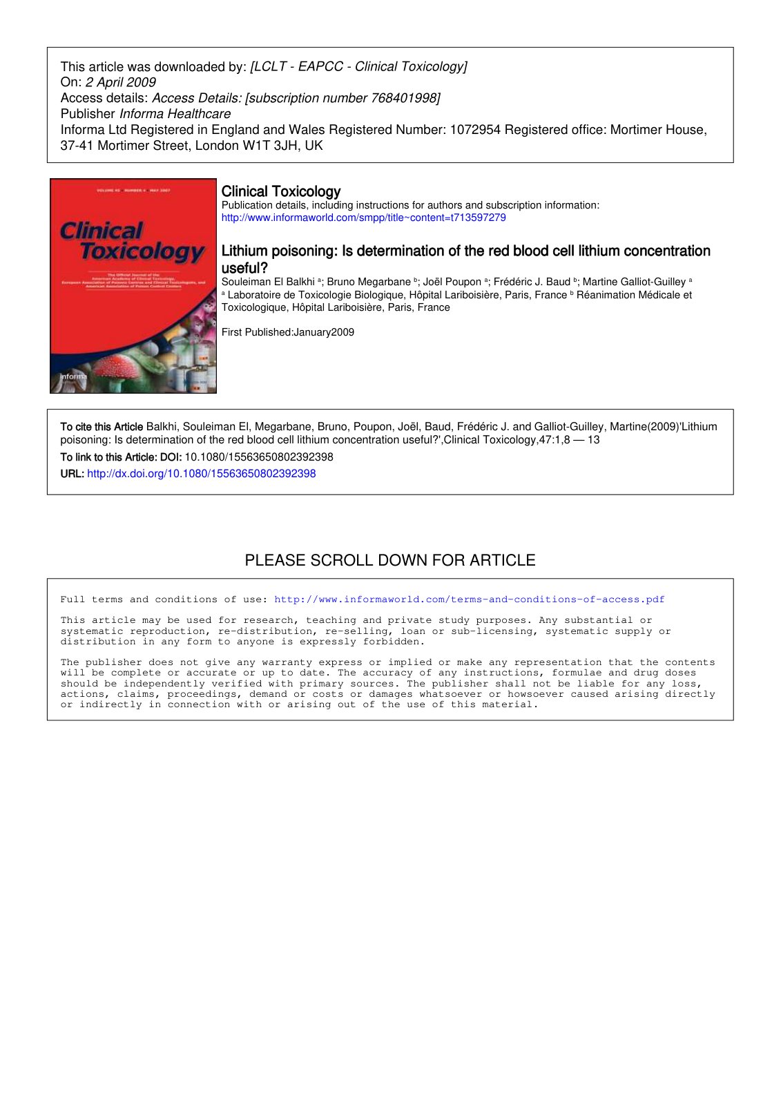 First page of Lithium poisoning Is determination of th
