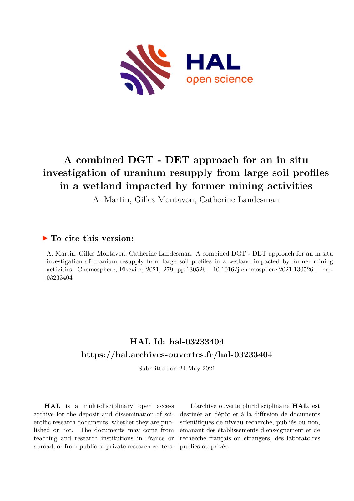 First page of A combined DGT - DET approach for an in situ investigation of uranium resupply from large soil profiles in a wetland impacted by former mining activities