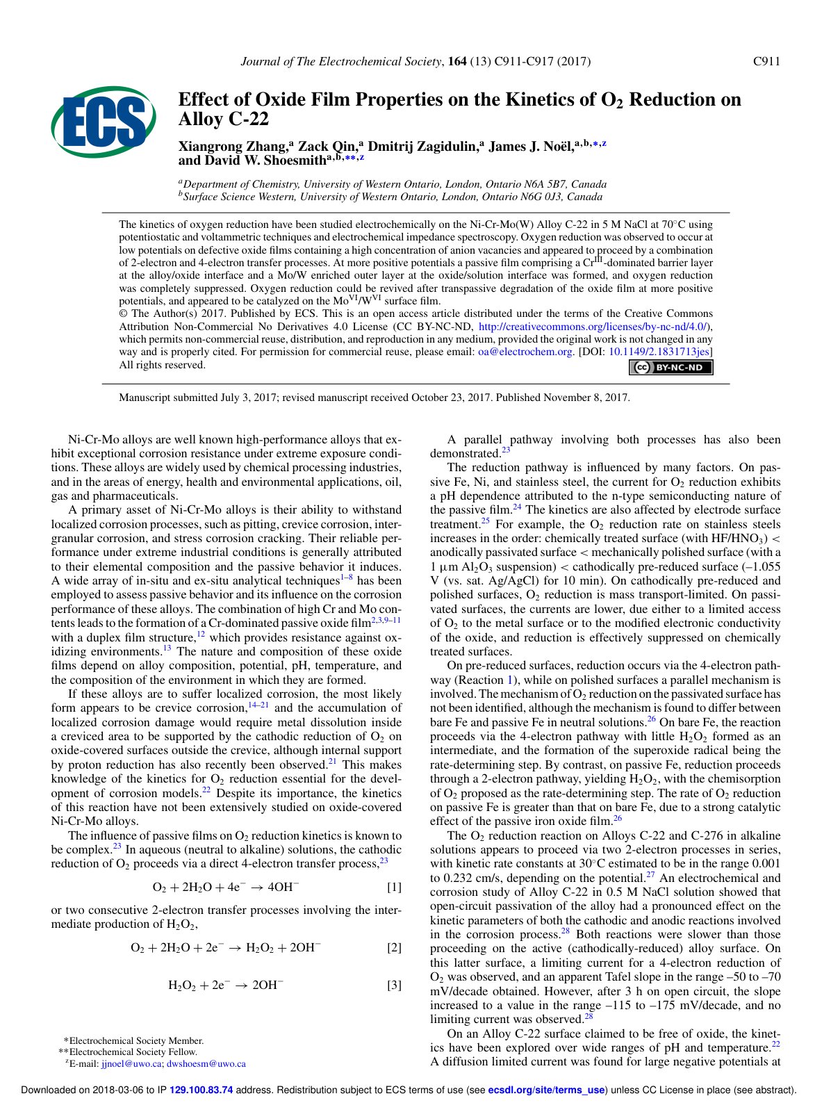 First page of Effect of Oxide Film Properties on the Kinetics of O2 Reduction on Alloy C-22
