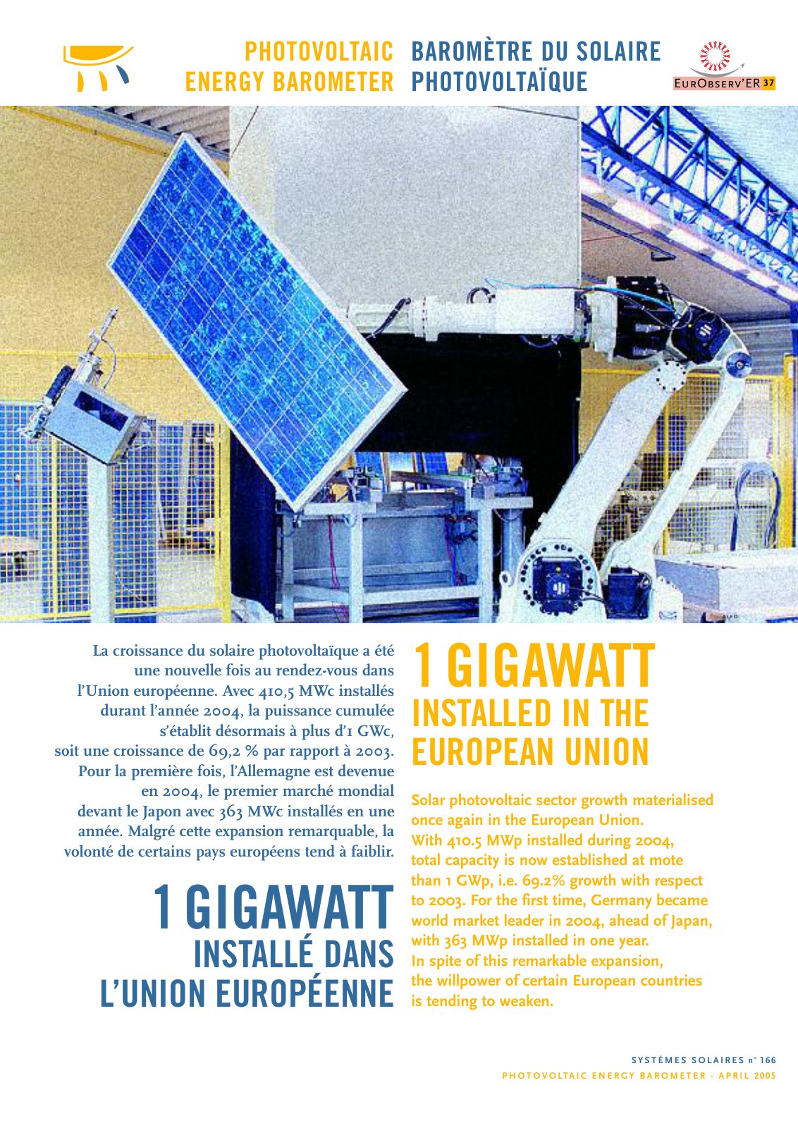 First page of PHOTOVOLTAIC ENERGY BAROMETER - APRIL 2005