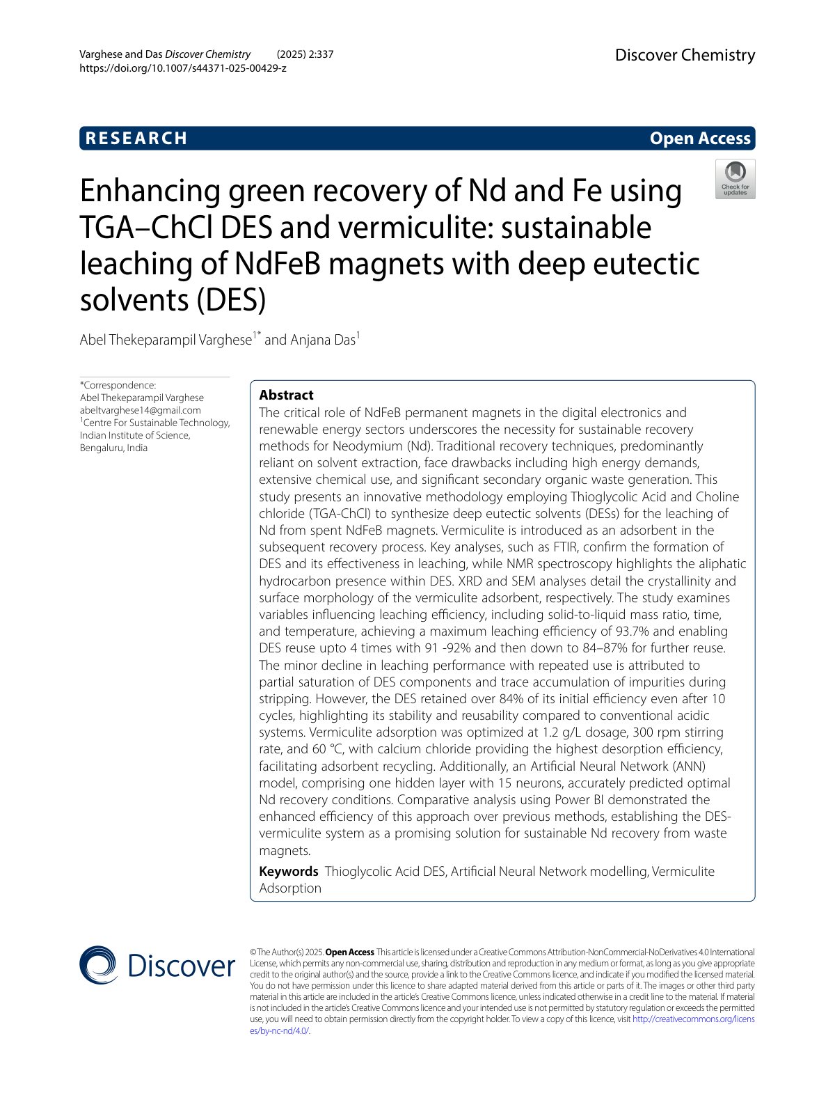 First page of 2025   Varghese   DES Leaching of NdFeB Magnets