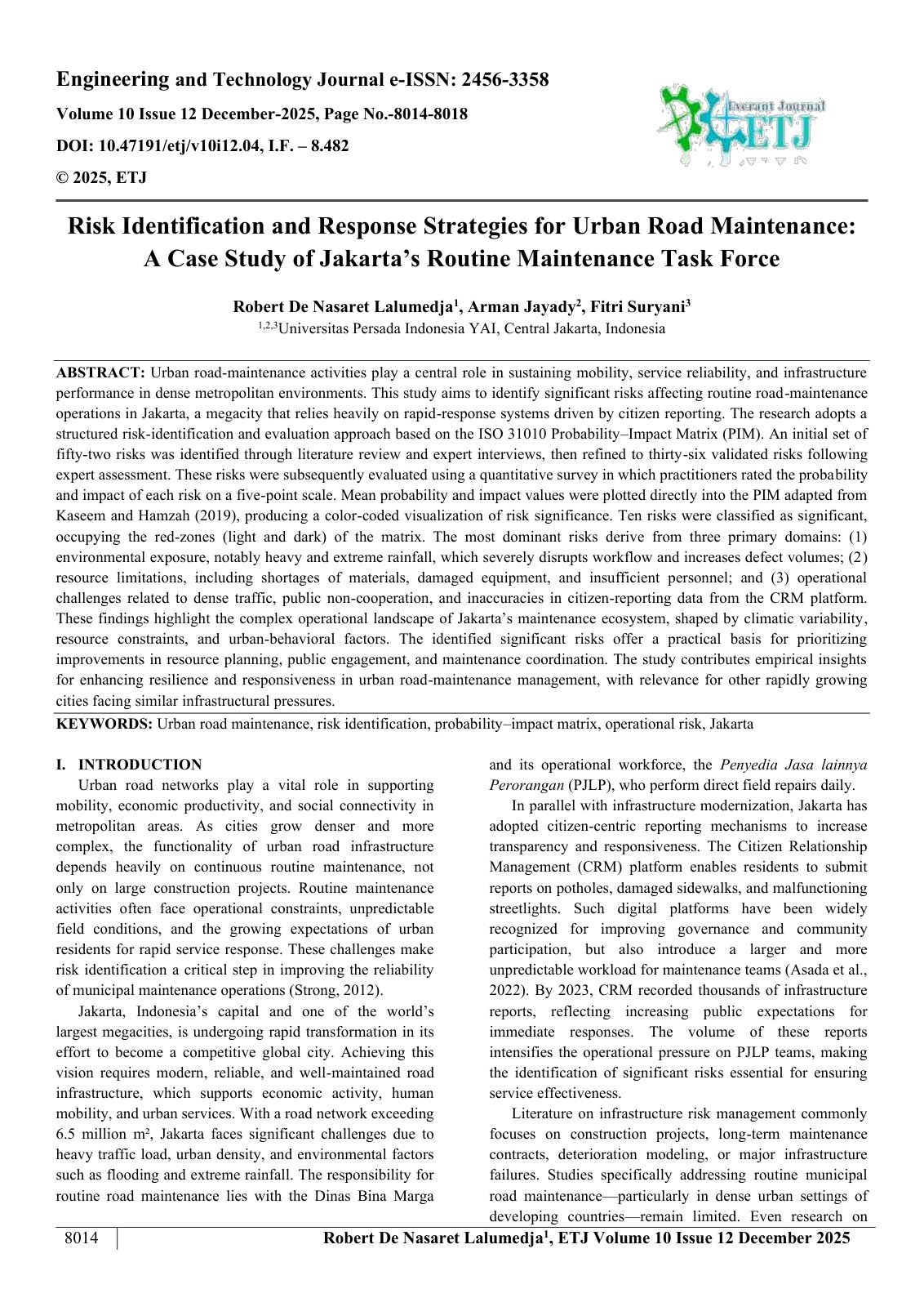 First page of Risk Identification and Response Strategies for Urban Road Maintenance:  A Case Study of Jakarta’s Routine Maintenance Task Force  