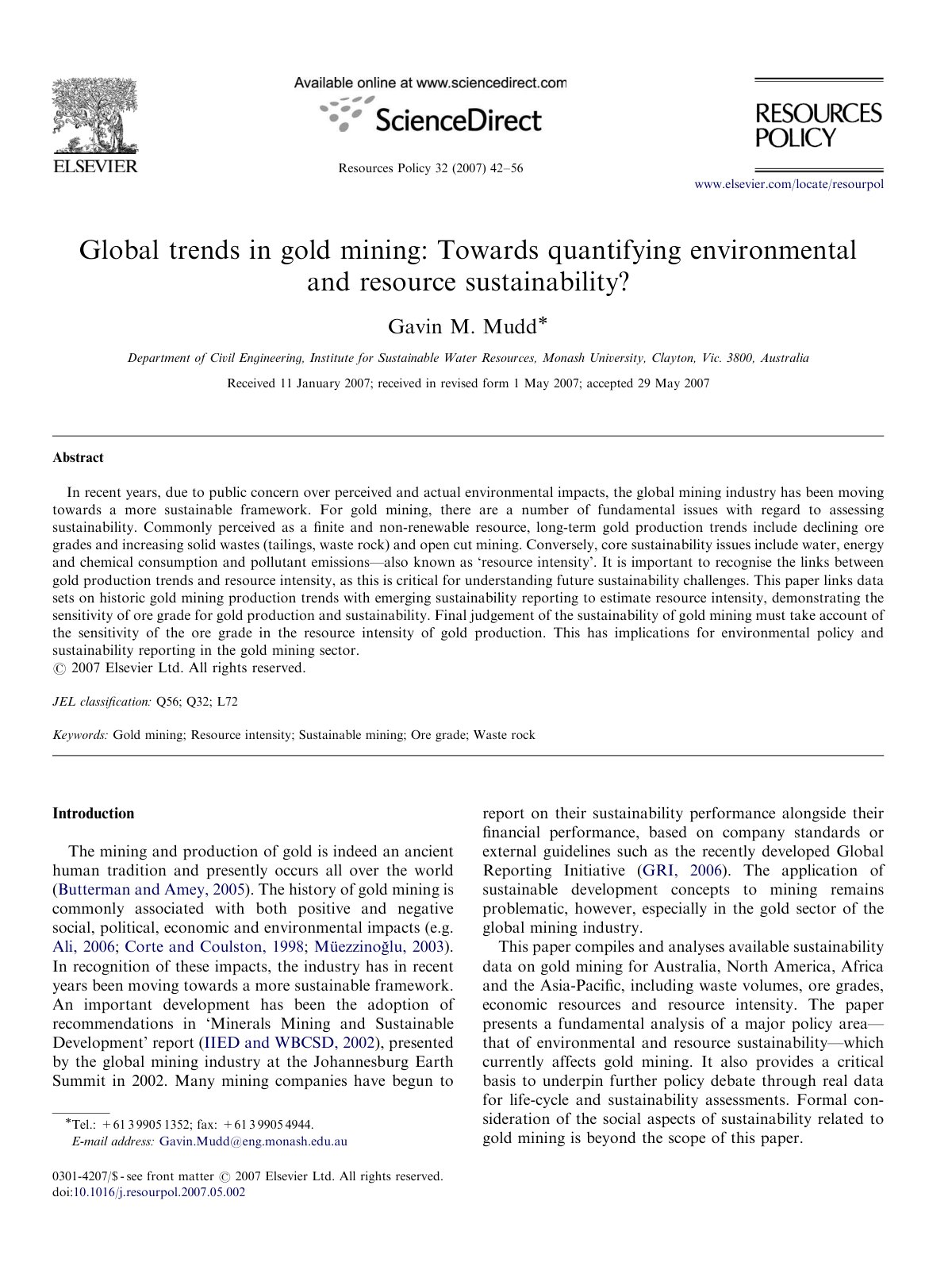 First page of Global trends in gold mining: Towards quantifying environmental and resource sustainability?