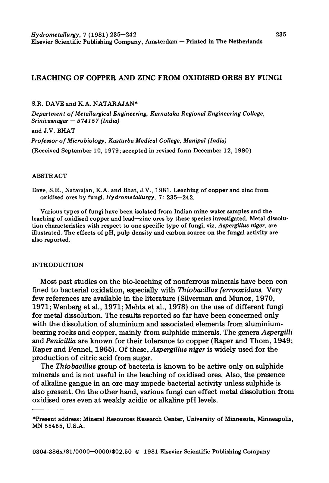 First page of Leaching of copper and zinc from oxidise