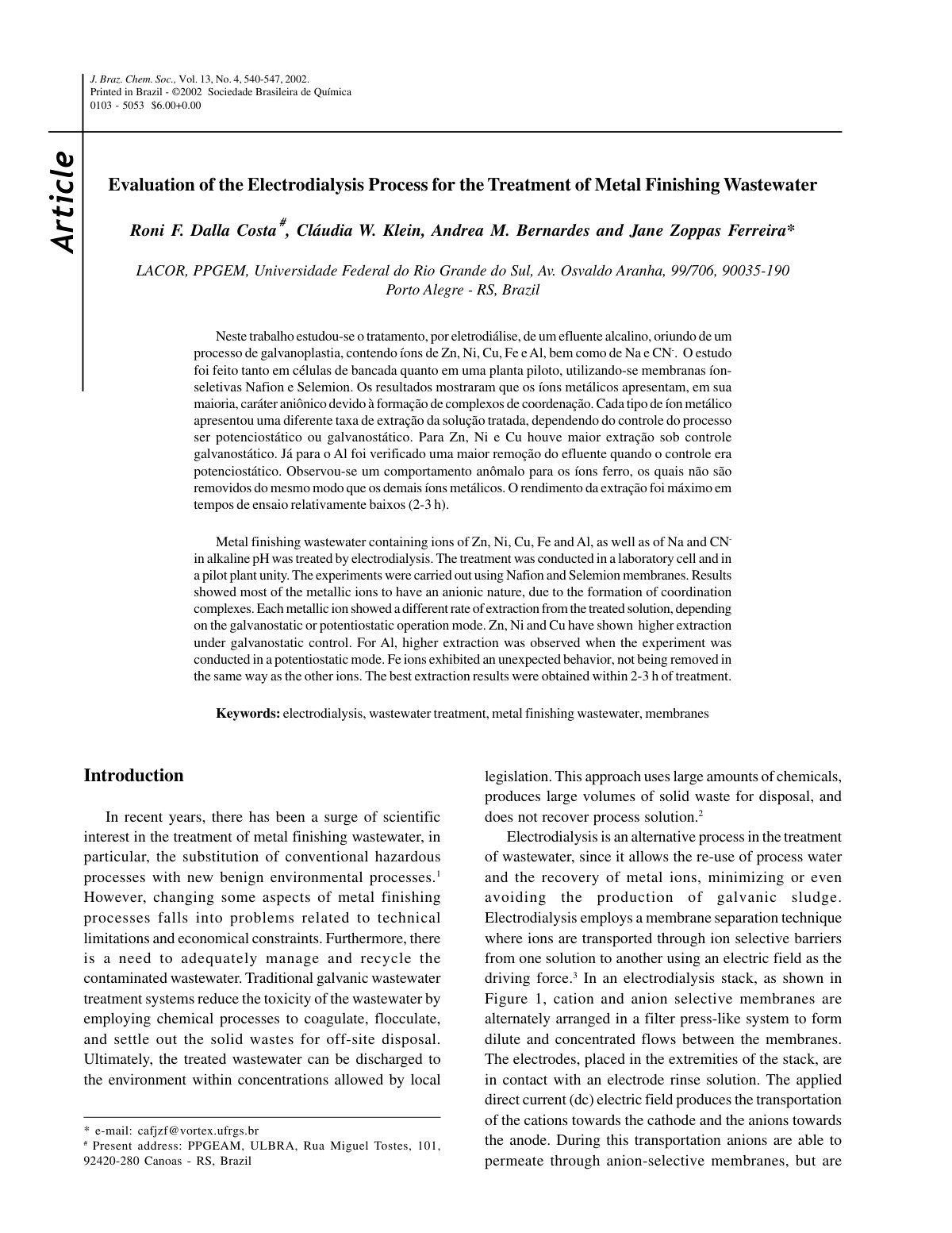 First page of Evaluation of the electrodialysis proces