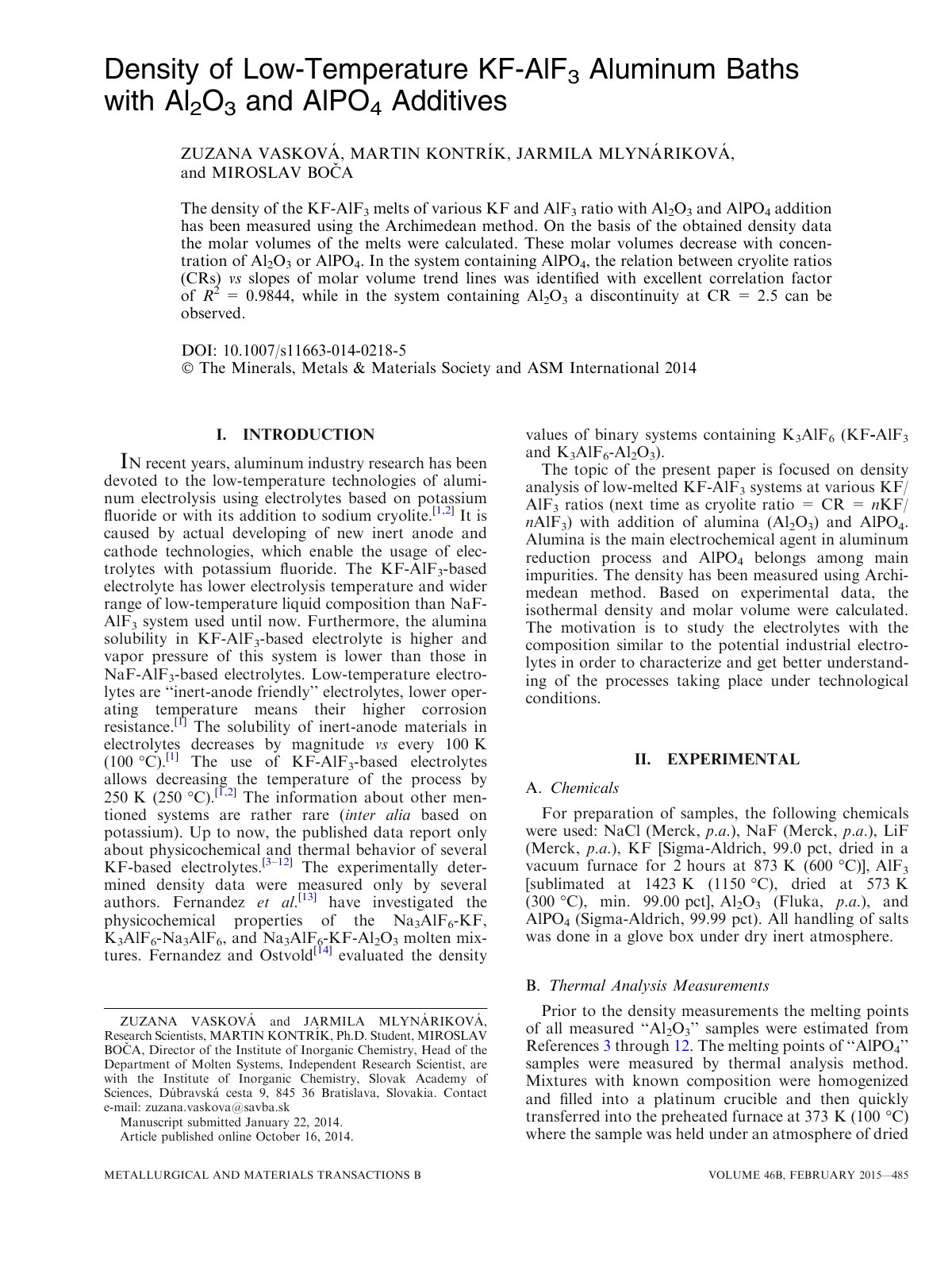 First page of Density of Low Temperature KF AlF3 Alumi